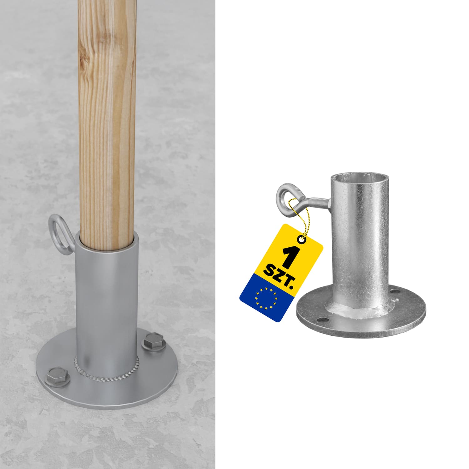 Schirmständer Stützenfuß rund Stahl mit Festschraubung - PDP | bis 38 mm | verzinkt Runder Schirmständer aus Stahl mit PDP-Befestigung, bis 38 mm, silber, 38 x 105 x 100 mm, S235-Baustahl, Produktfoto.