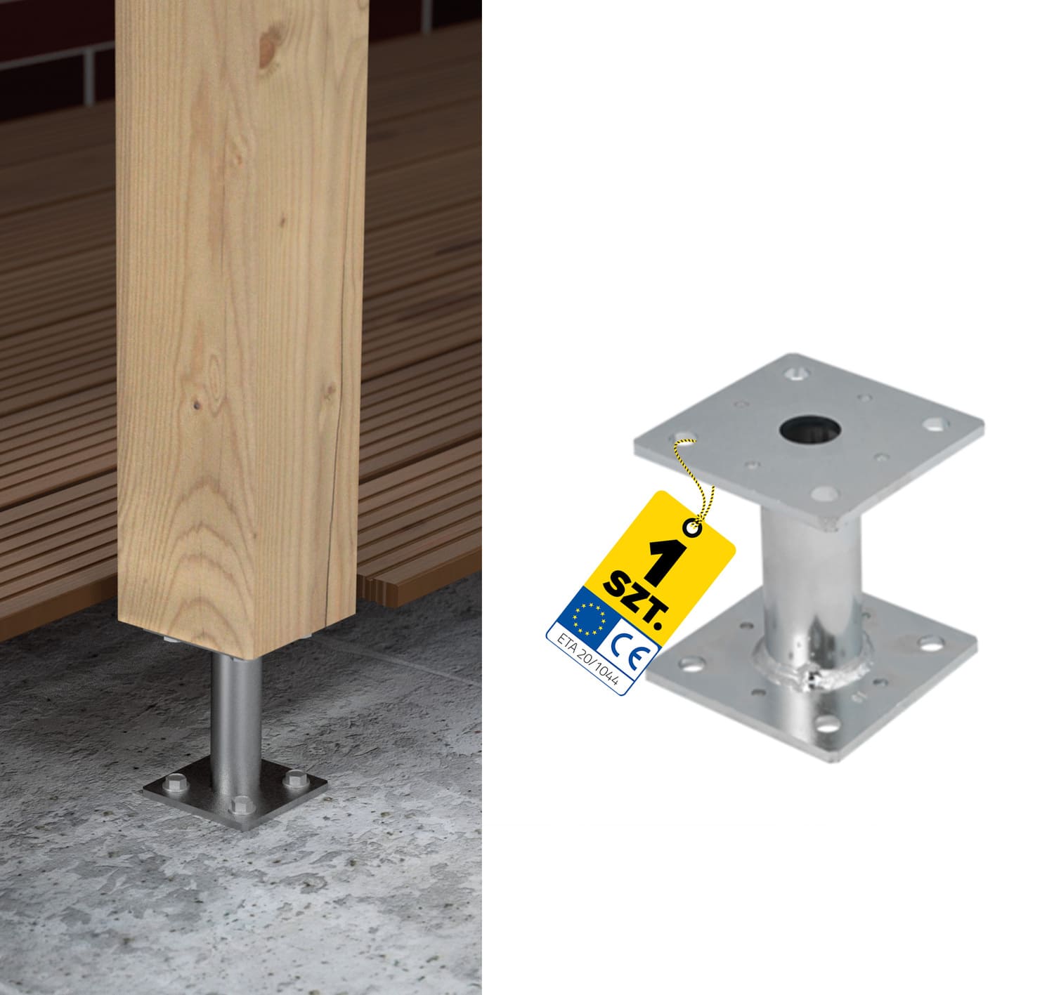 Pfostenträger flach Konsole mit Rohr - PMF | 100x100 mm | 100 mm | feuerverzinkt Mastfußanker-Flachhalterung mit PMF-Rohr, 100x100 mm, 100 mm, silber.