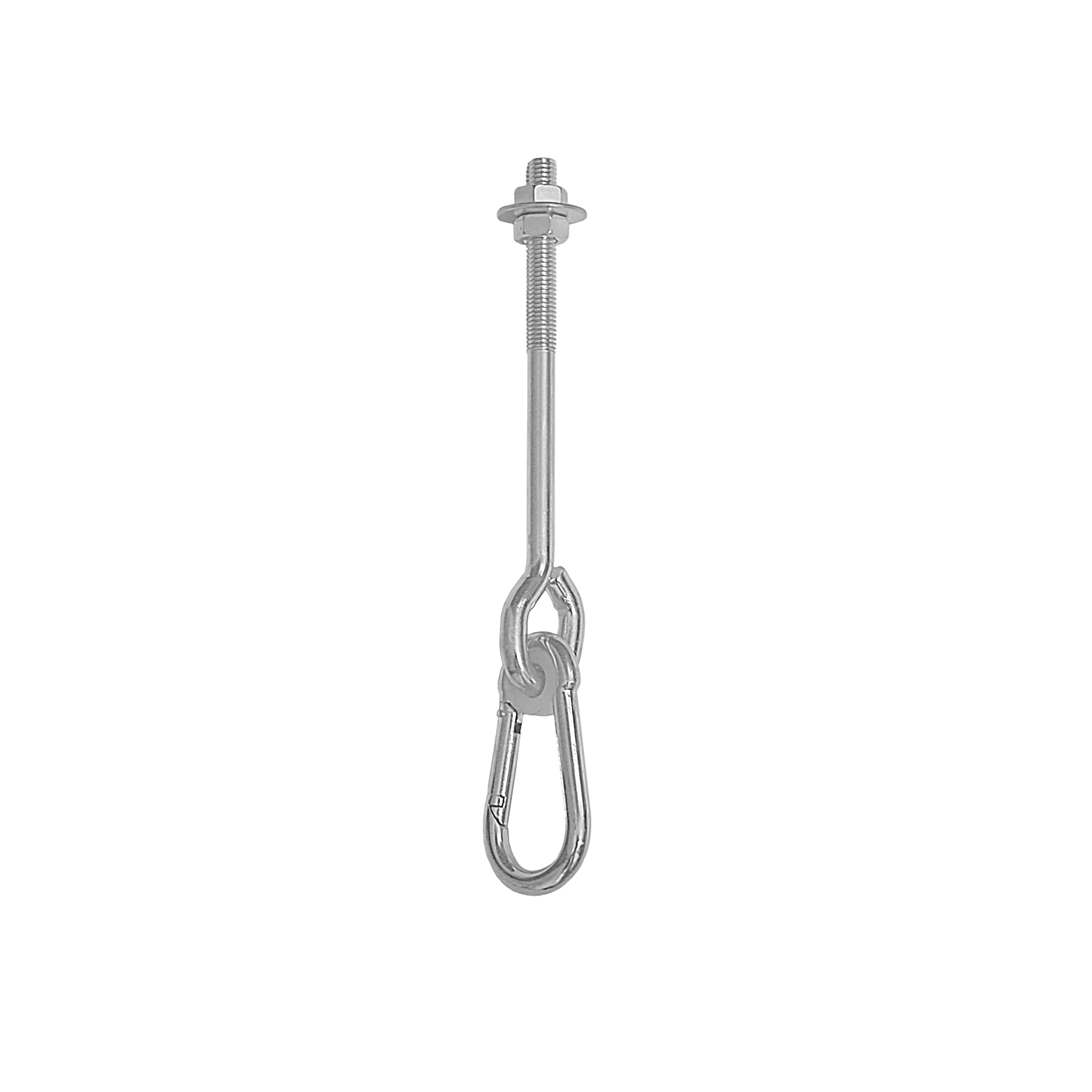 Schaukelhaken mit Karabiner Typ A - MHA | 110 mm | M12 Schaukelhaken mit Karabiner, Schlingenbefestigung Typ A MHA, 110 mm, M12, Silber, Kohlenstoffstahl, inklusive.