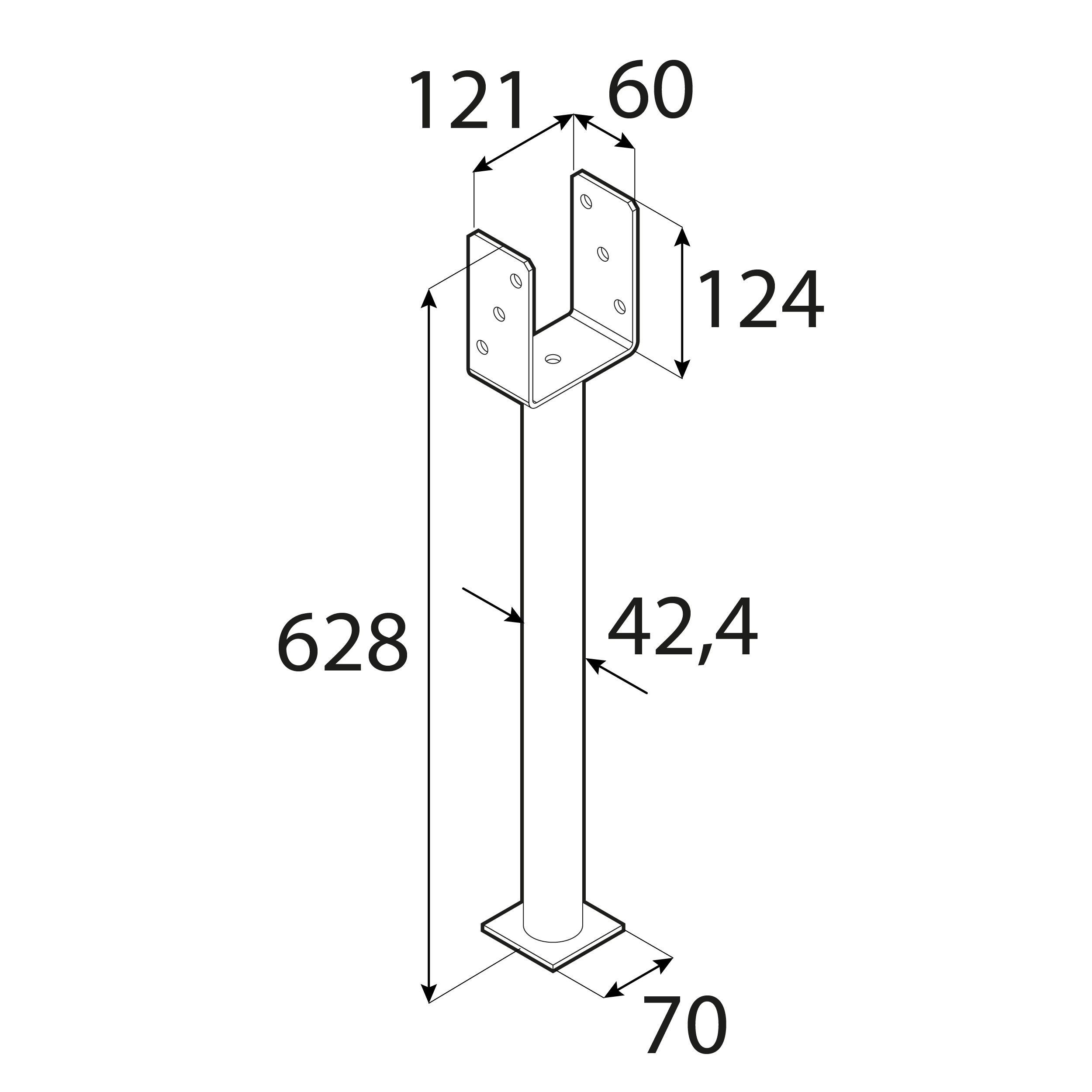 Podstawa słupa kotwa typ U z długa rurą - PS 500 | 120 mm | 628 mm