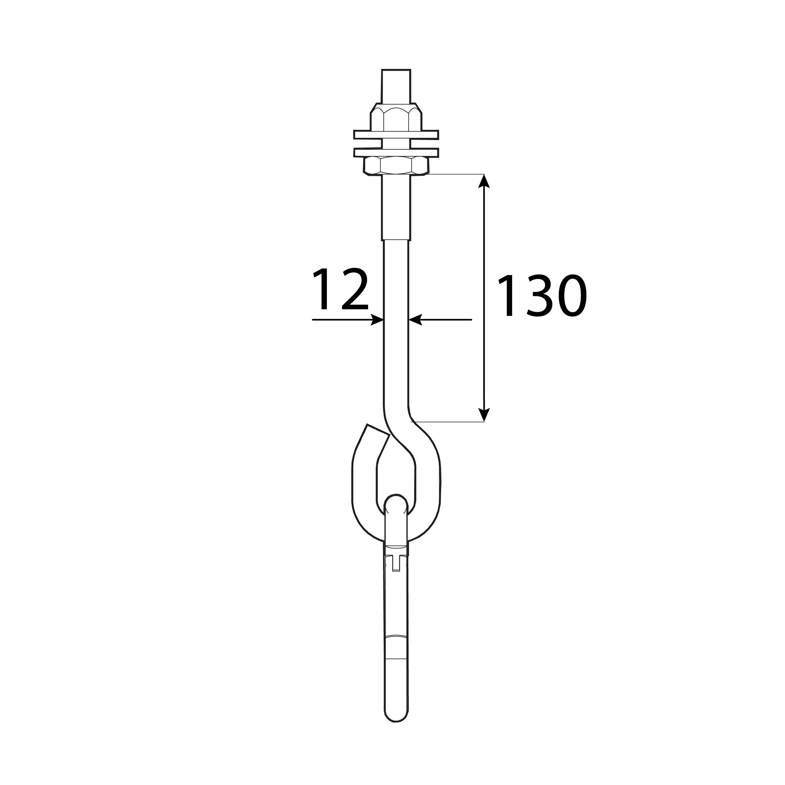 Schaukelhaken mit Karabiner Typ A - MHA | 130 mm | M12 Schaukelhaken mit Karabiner, Schlinge, Typ A MHA-Befestigung, 130 mm, M12, Silber, Kohlenstoffstahl, Schuss 1.