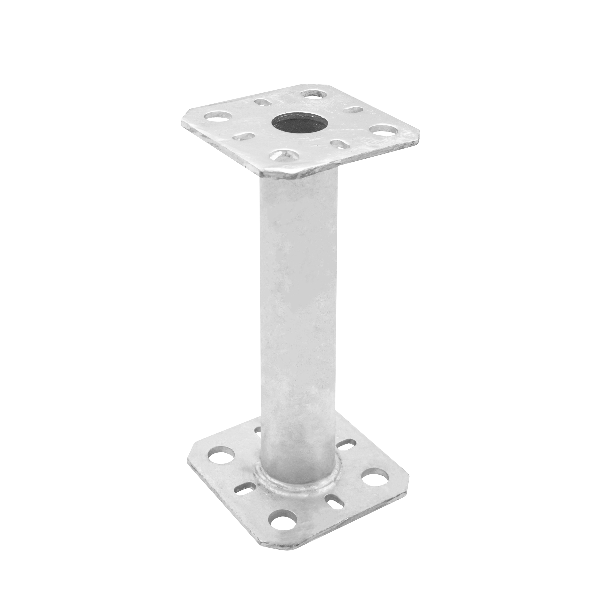 Pfostenträger flach Konsole mit Rohr - PMF | 80x80 mm | 200 mm | feuerverzinkt Mastfußanker-Flachhalterung mit PMF-Rohr, 80x80 mm, 200 mm, silber, 80x80x200x4,0 mm.