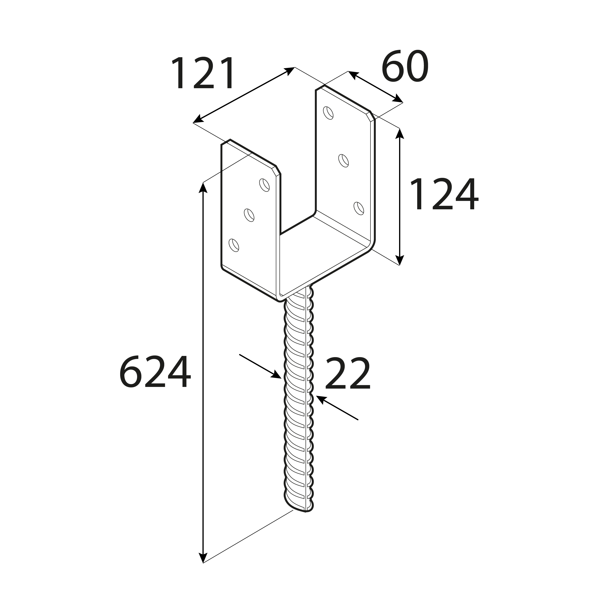 Podstawa słupa kotwa typ U z długim prętem - PS 500 | 120 mm | 624 mm