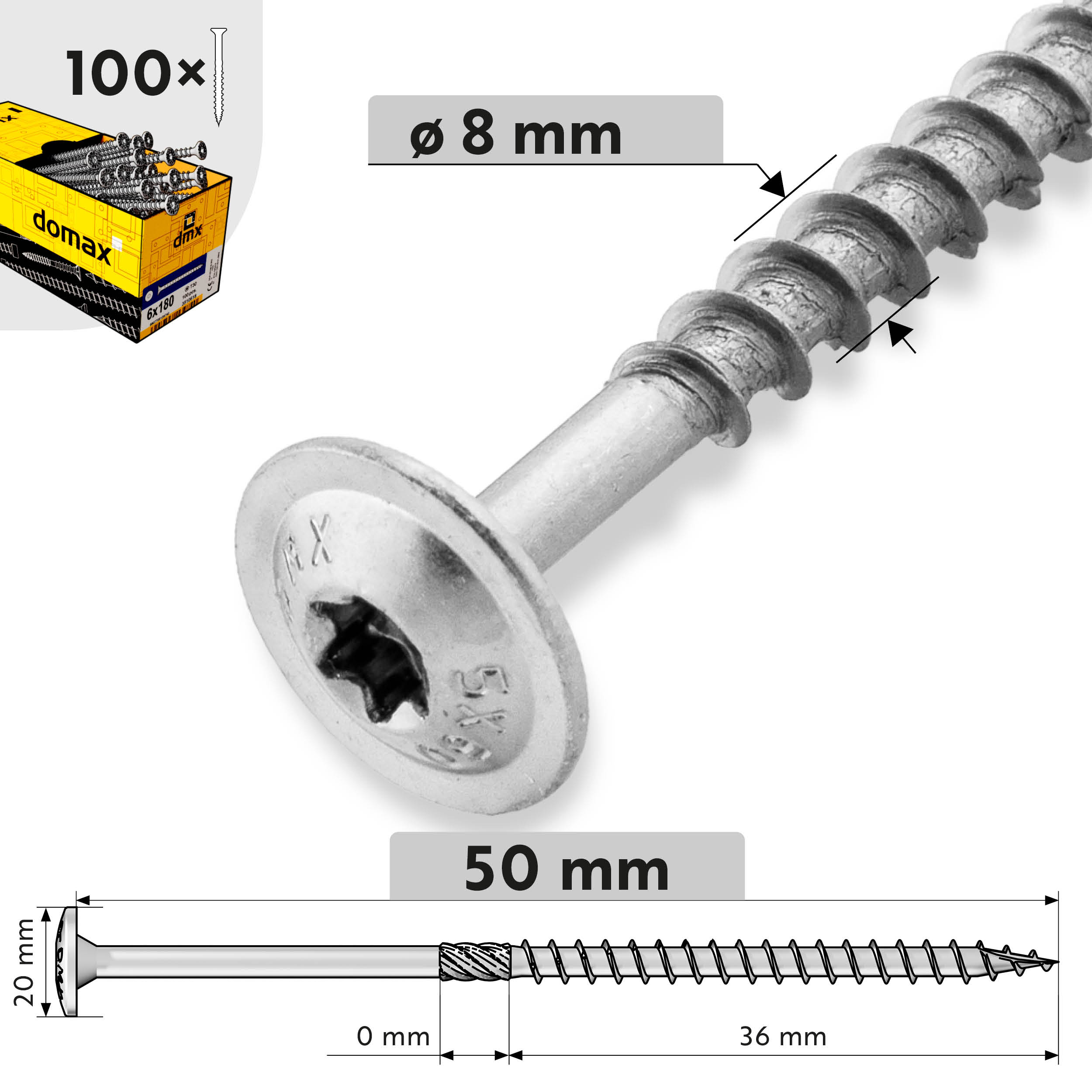 Holzbauschrauben Tellerkopf TORX Teilgewinde - CT | 8 x 50 mm | verzinkt | 100 Stk. TORX CT Zimmermannsplattenschrauben fĂŒr Holz, 8x50 mm, Silber, 100 Stk., 8x50 mm, gehĂ€rteter Kohlenstoffstahl.