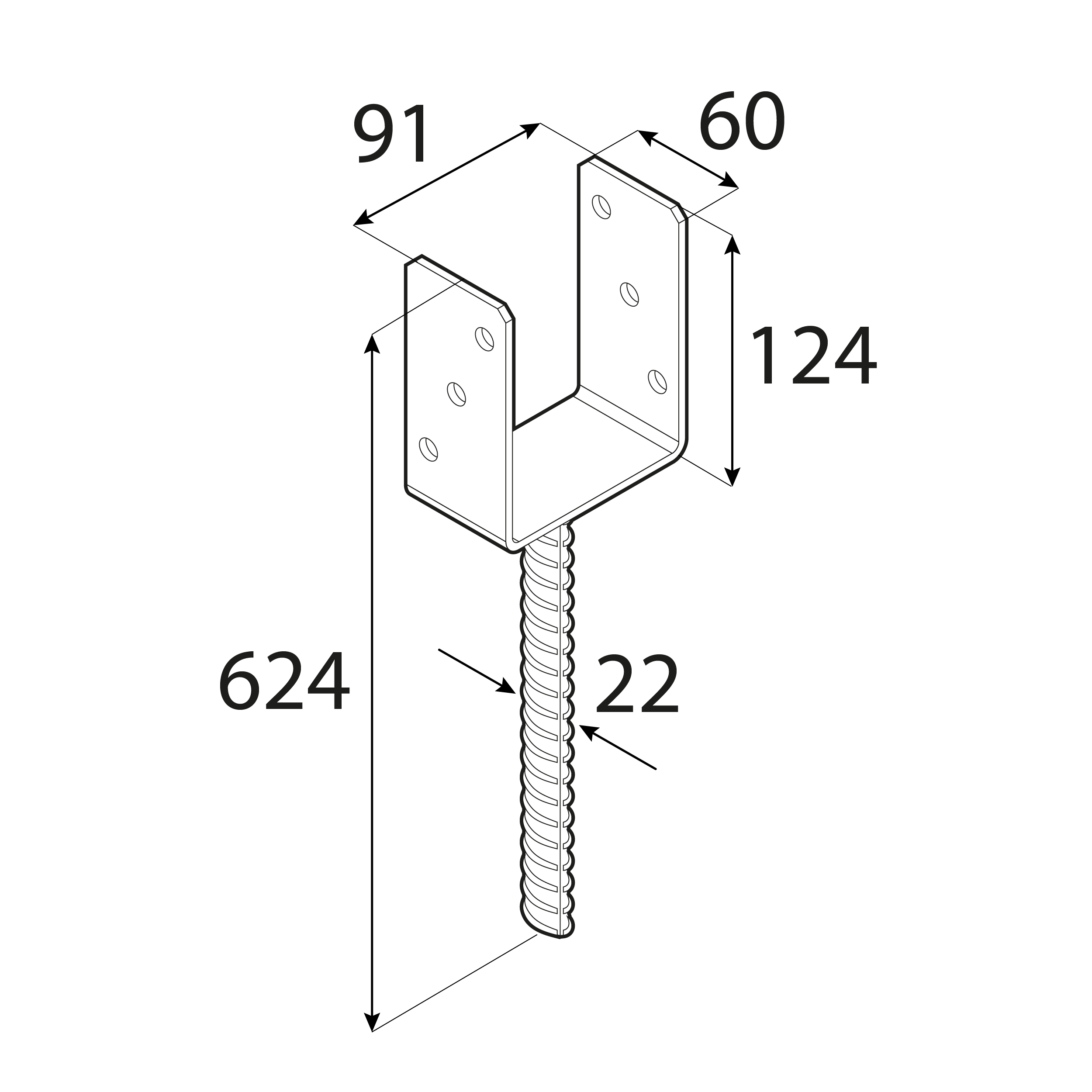 Podstawa słupa kotwa typ U z długim prętem - PS 500 | 90 mm | 624 mm Podstawa słupa kotwa typ U z długim prętem - PS 500 | 90 mm | 624 mm