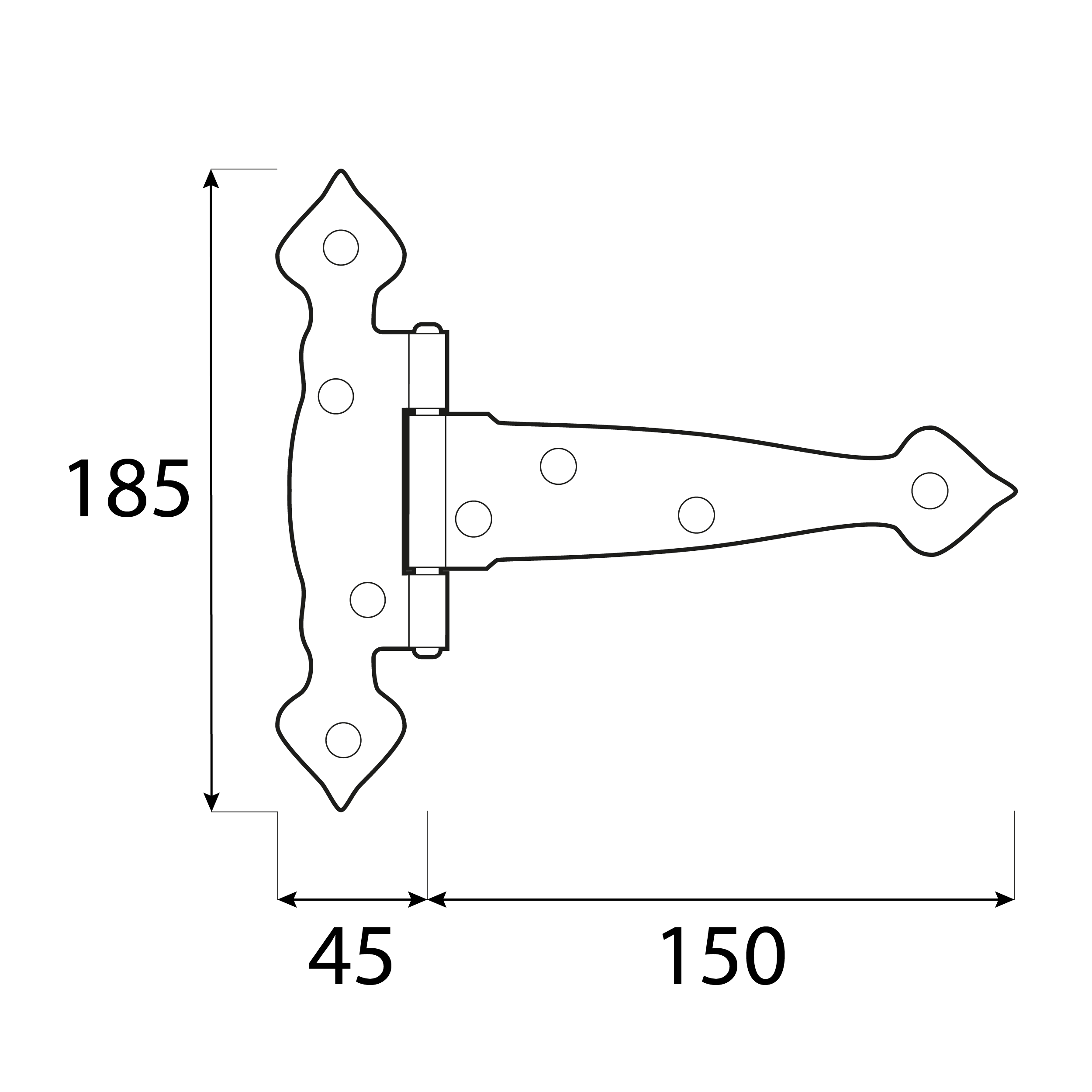 Dekoratives Dreiecksscharnier T-Scharnier - ZTO | schwarz | 150 mm Dekoratives Dreiecksscharnier ZTO 150, 150 mm, 150x45x185x2,5 mm, DC01-Baustahl, schwarz 2.