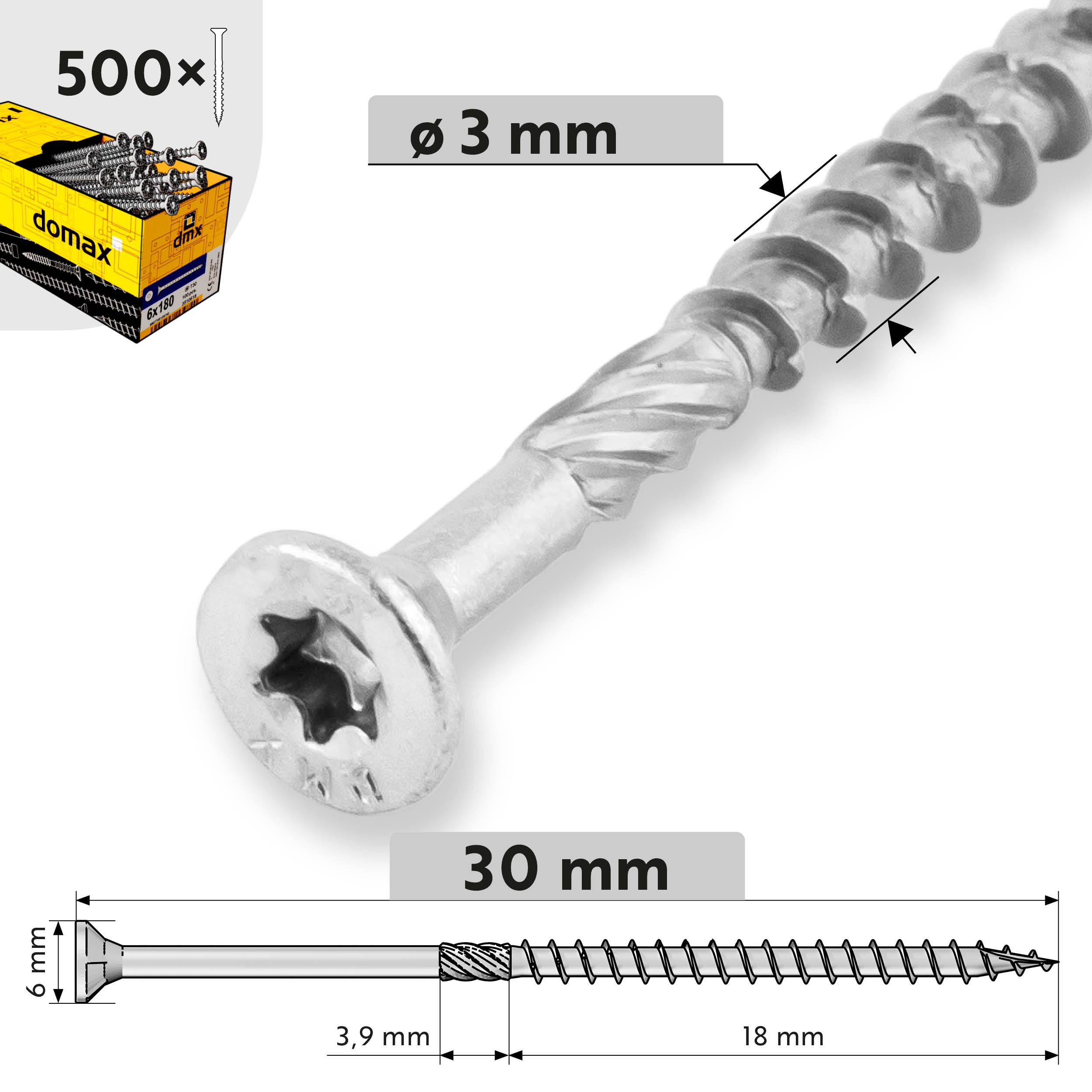 Holzschrauben Senkkopf TORX Teilgewinde - CS | 3 x 30 mm | verzinkt | 500 Stk. TORX CS konische Zimmermannsschrauben fĂŒr Holz, 3x30 mm, Silber, 500 Stk., 3x30 mm, Produktfoto.