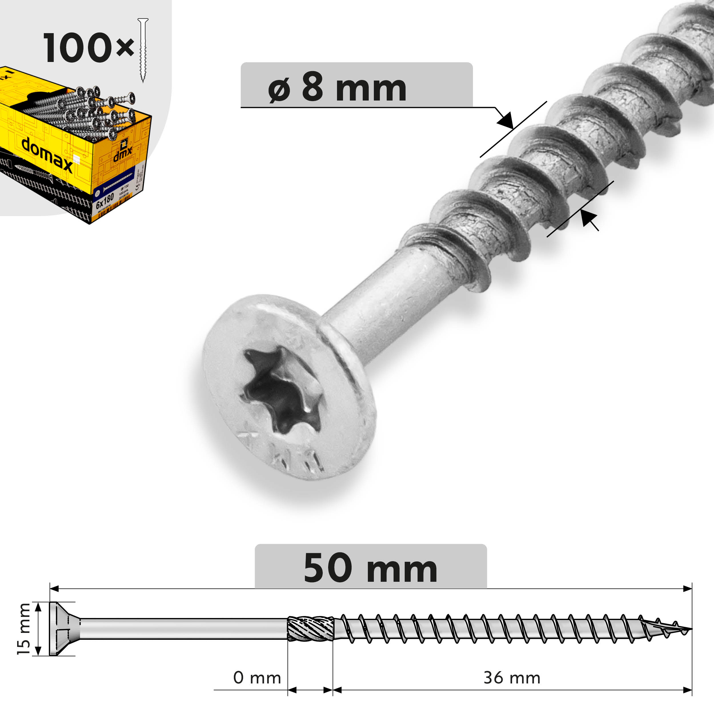 Holzbauschrauben Senkkopf TORX Teilgewinde - CS | 8 x 50 mm | verzinkt | 100 Stk. TORX CS konische Zimmermannsschrauben fĂŒr Holz, 8x50 mm, Silber, 100 Stk., 8x50 mm.