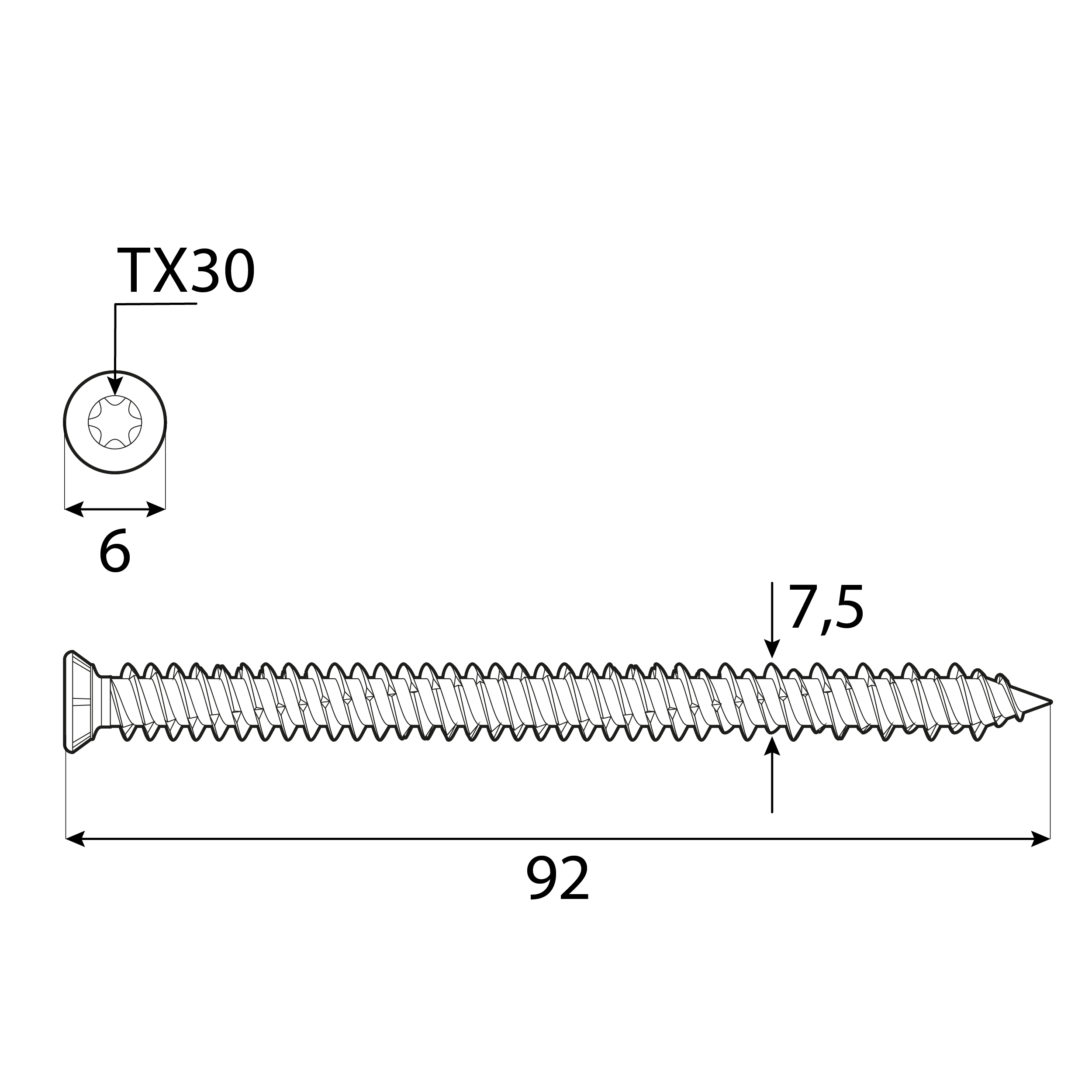 Wkręty do ościeżnic z łbem stożkowym TORX - CBS | 7,5 x 92 mm | Srebrny | 100 szt