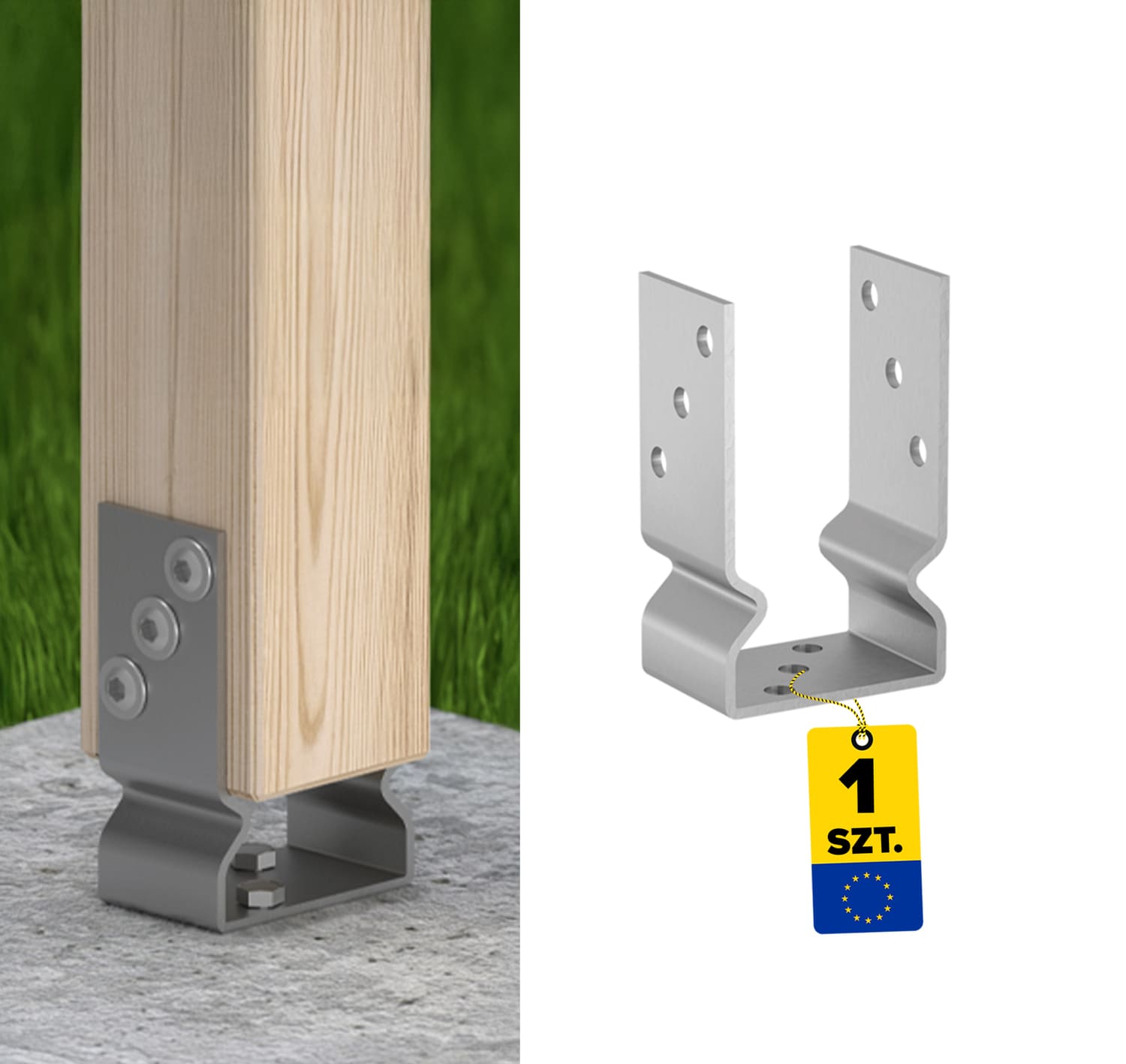 Pfostenträger zum aufdübeln U-Form Pfostenanker - PSOZ | 100 mm | feuerverzinkt Säulenfuß-Schraubanker auf Beton, Typ U, mit PSOZ-Versatz, 100 mm, silber.