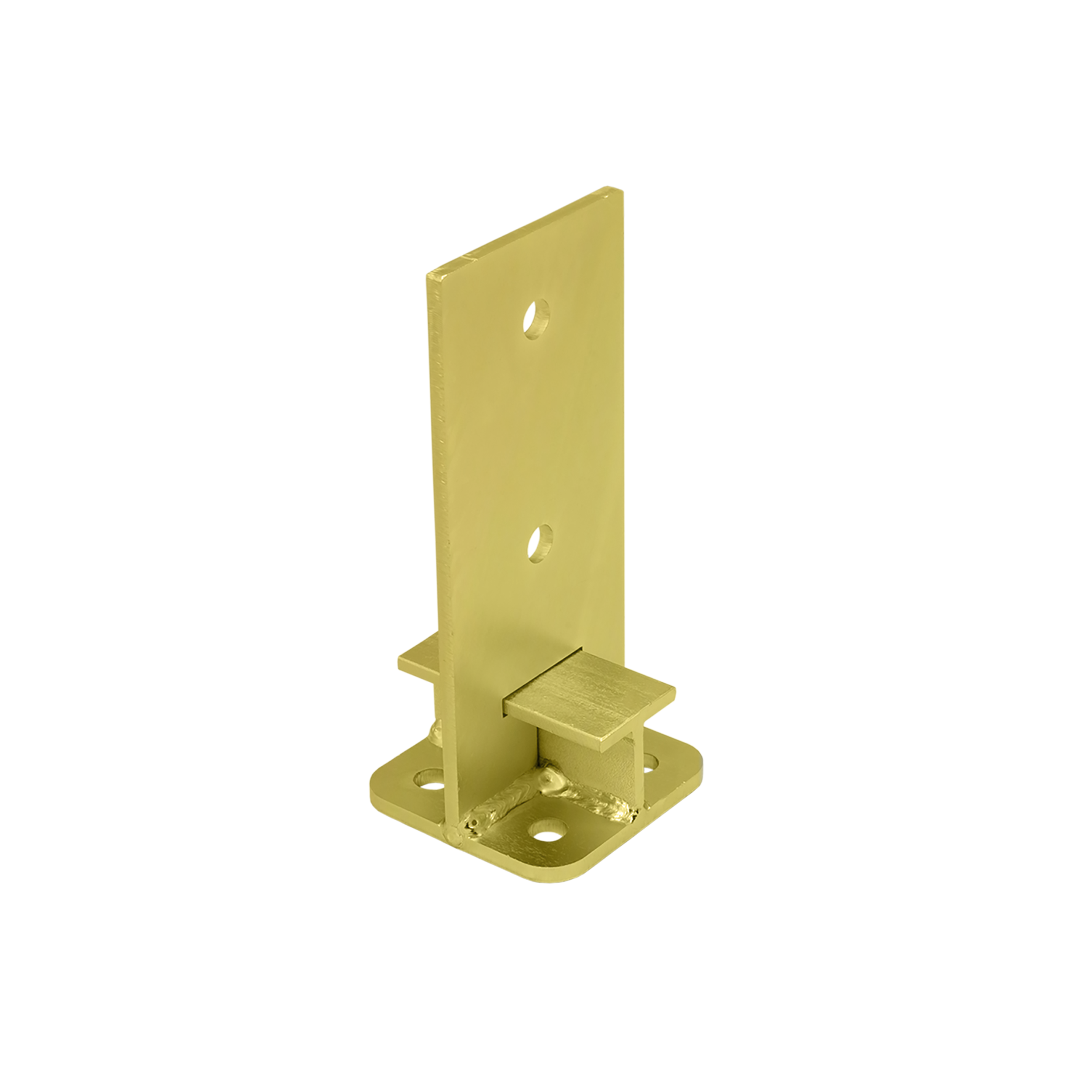 Pfostenträger zum aufdübeln Typ T Stützenfuss schwerlast - PUW | 90 mm | Gold Säulenfuß, mit Beton verschraubt, Typ T, stark, versenkt, PUW, 90 mm, gold, 90x200x6,0 mm.