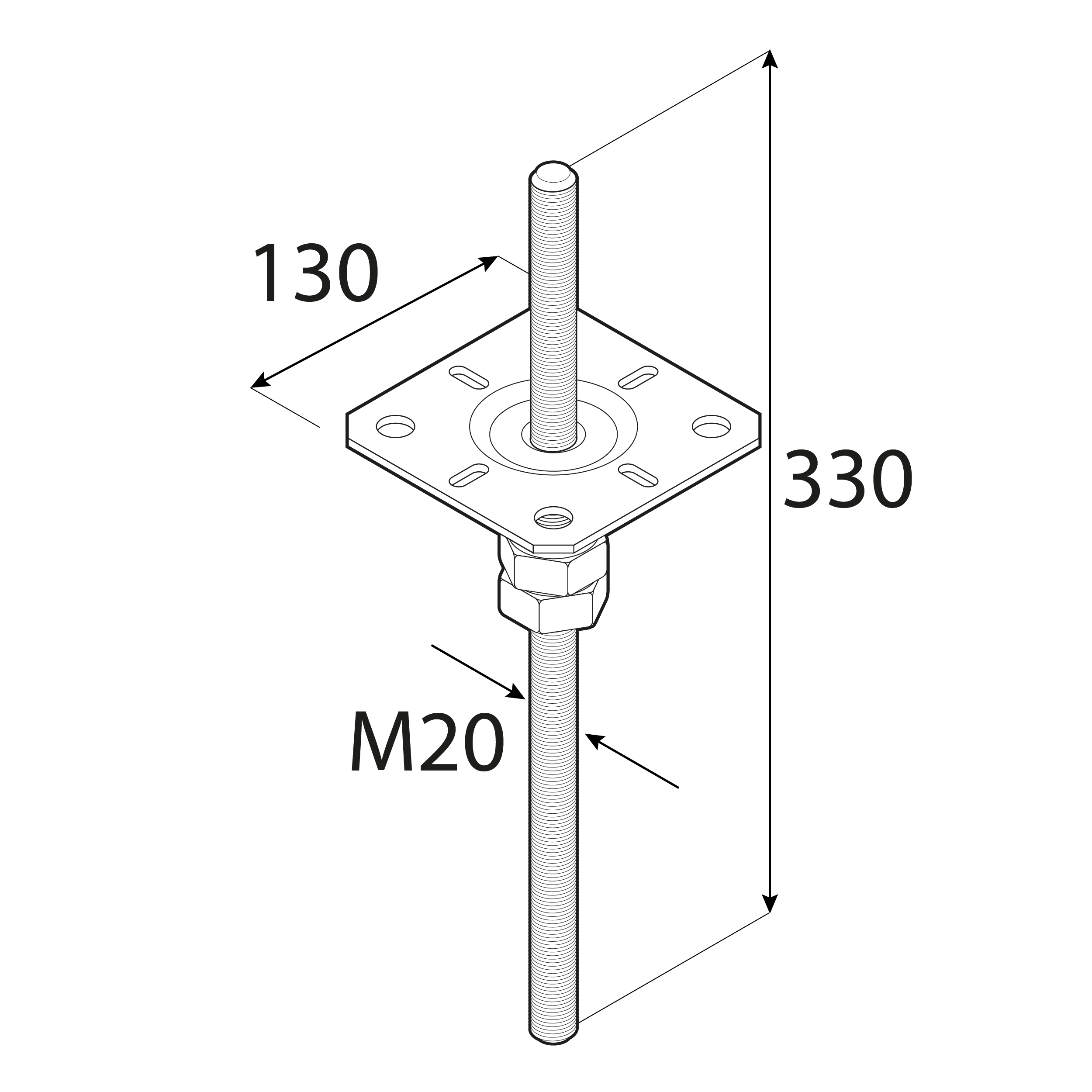 Flacher Pfostenträger zum Aufdübeln höhenverstellbar mit Gewinde Pfostenanker Stützen Betonanker - PPSR | 140-160 mm | verzinkt Mastfuß, flach, verstellbar, Betongewindeanker, PPSR, 140–160 mm, 130 x 330 mm, Winkel 2.