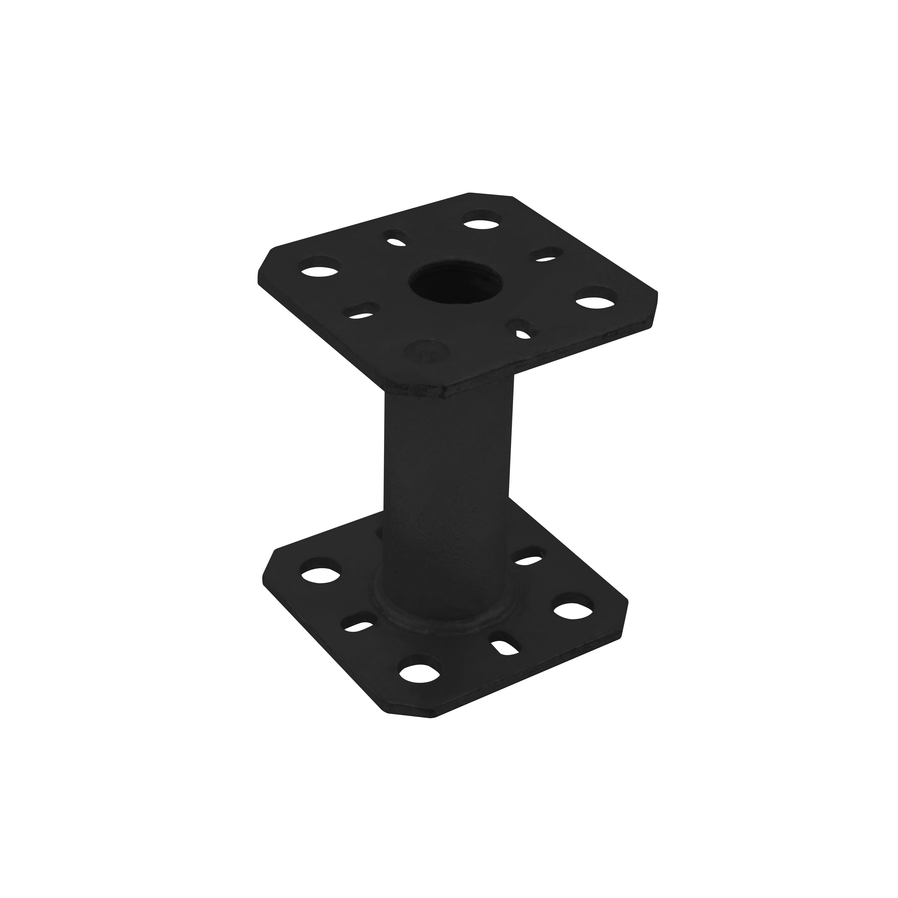 Pfostenträger flach Konsole mit Rohr - PMF | 80x80 mm | 100 mm | Schwarz Mastfußanker-Flachhalterung mit PMF-Rohr, 80x80 mm, 100 mm, schwarz, 80x80x100x4,0 mm.