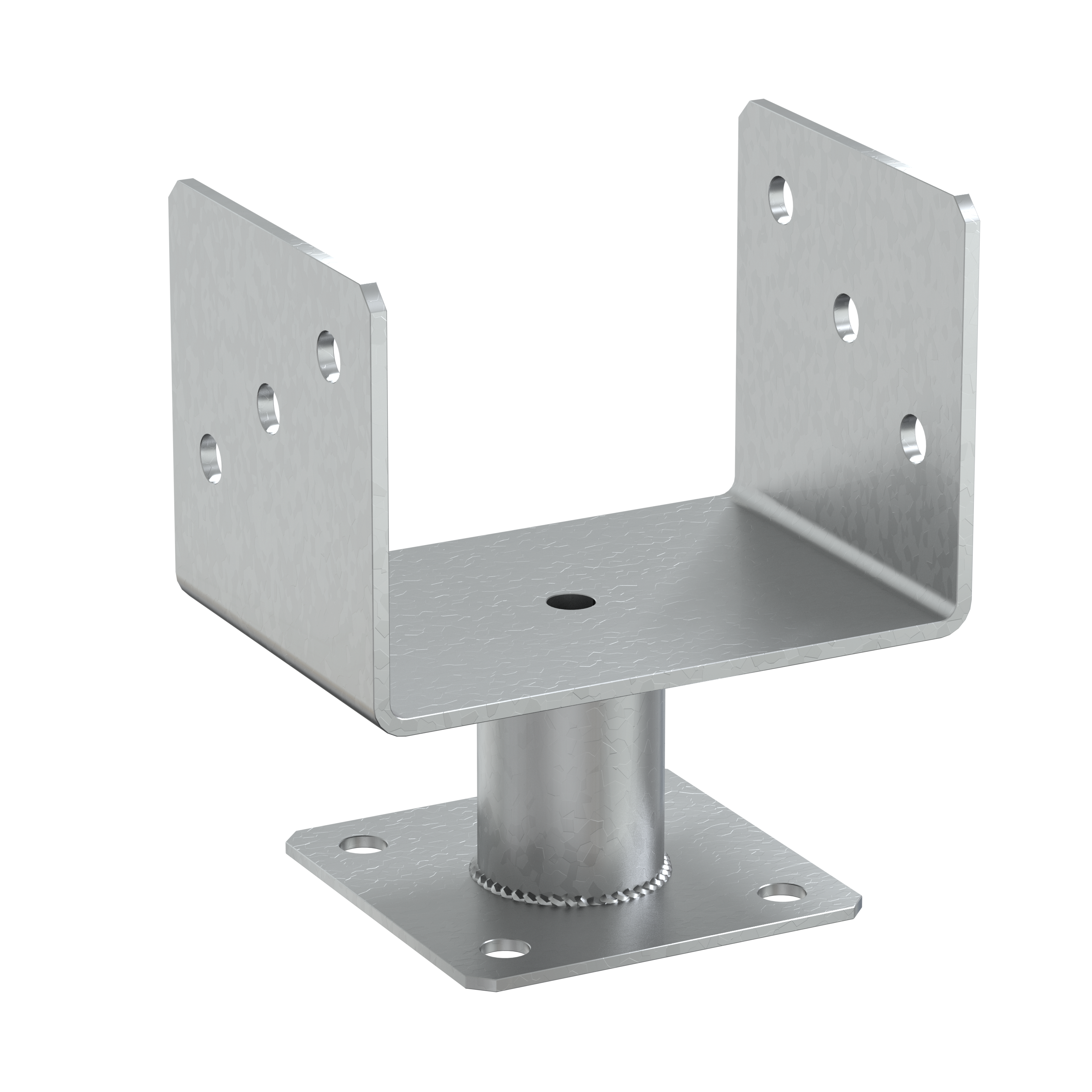 Pfostenträger zum aufdübeln U-Form mit Rohr - PMFU | 140 mm | 163 mm | verzinkt Säulenfuß-U-Schraubanker mit PMFU-Rohr, 140 mm, 163 mm, silber, 141 x 100 x 163 x 4,0 mm.