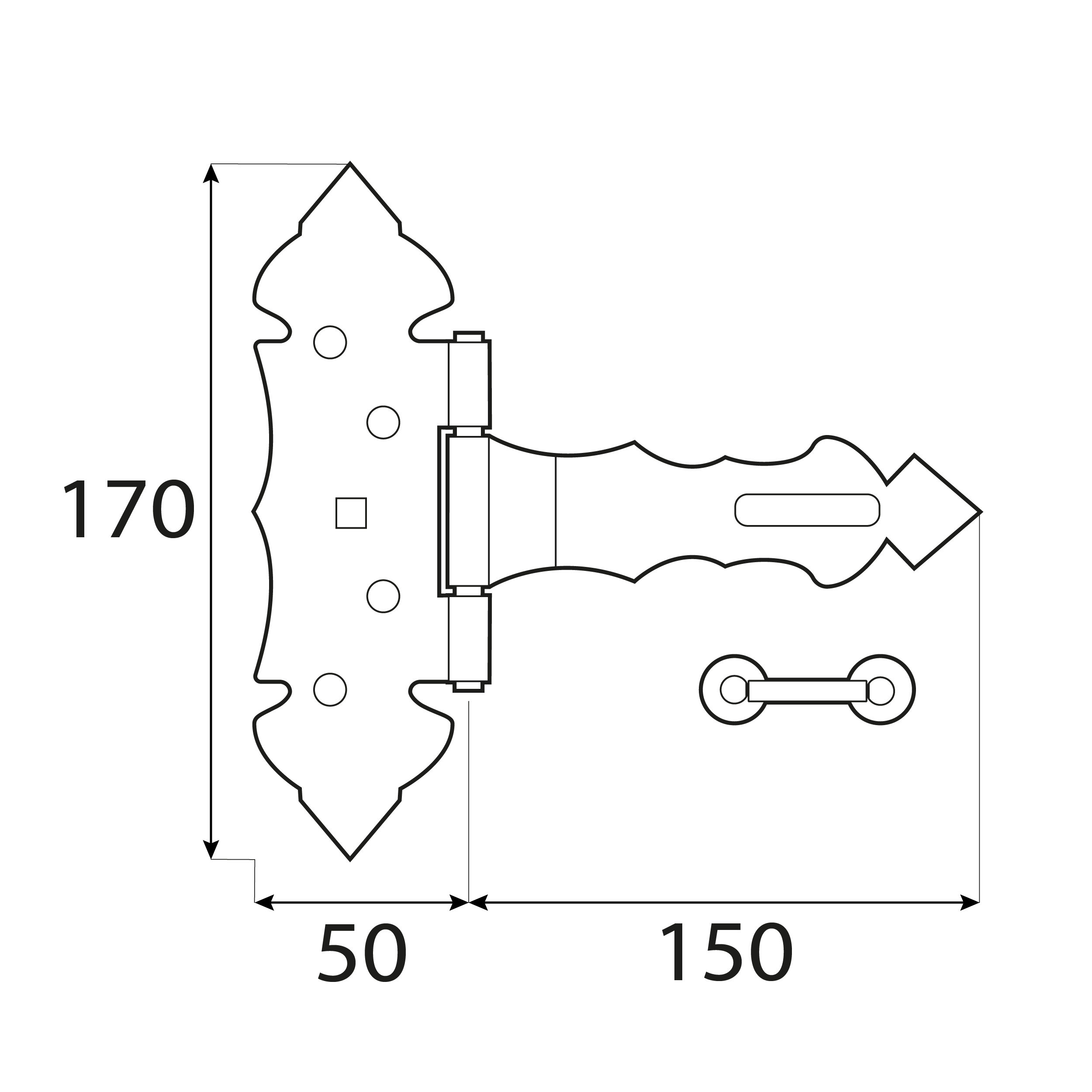 Dekorative Überfalle für Tore - ZBZ | schwarz | 150 mm Dekoratives Torscharnier mit ZBZ-Schloss, schwarz, 150 mm, 150x50x170x2,5 mm, Baustahl DC01 2.