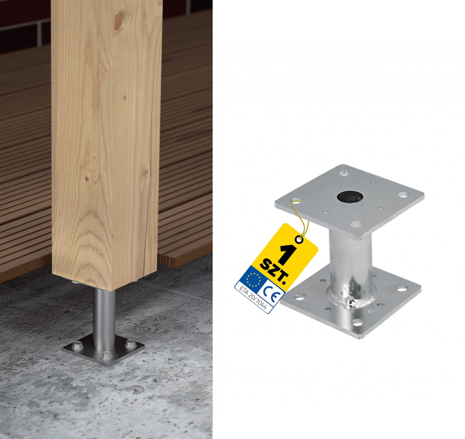 Pfostenträger flach Konsole mit Rohr - PMF | 80x80 mm | 150 mm | feuerverzinkt Mastfußanker-Flachhalterung mit PMF-Rohr, 80x80 mm, 150 mm, silber.