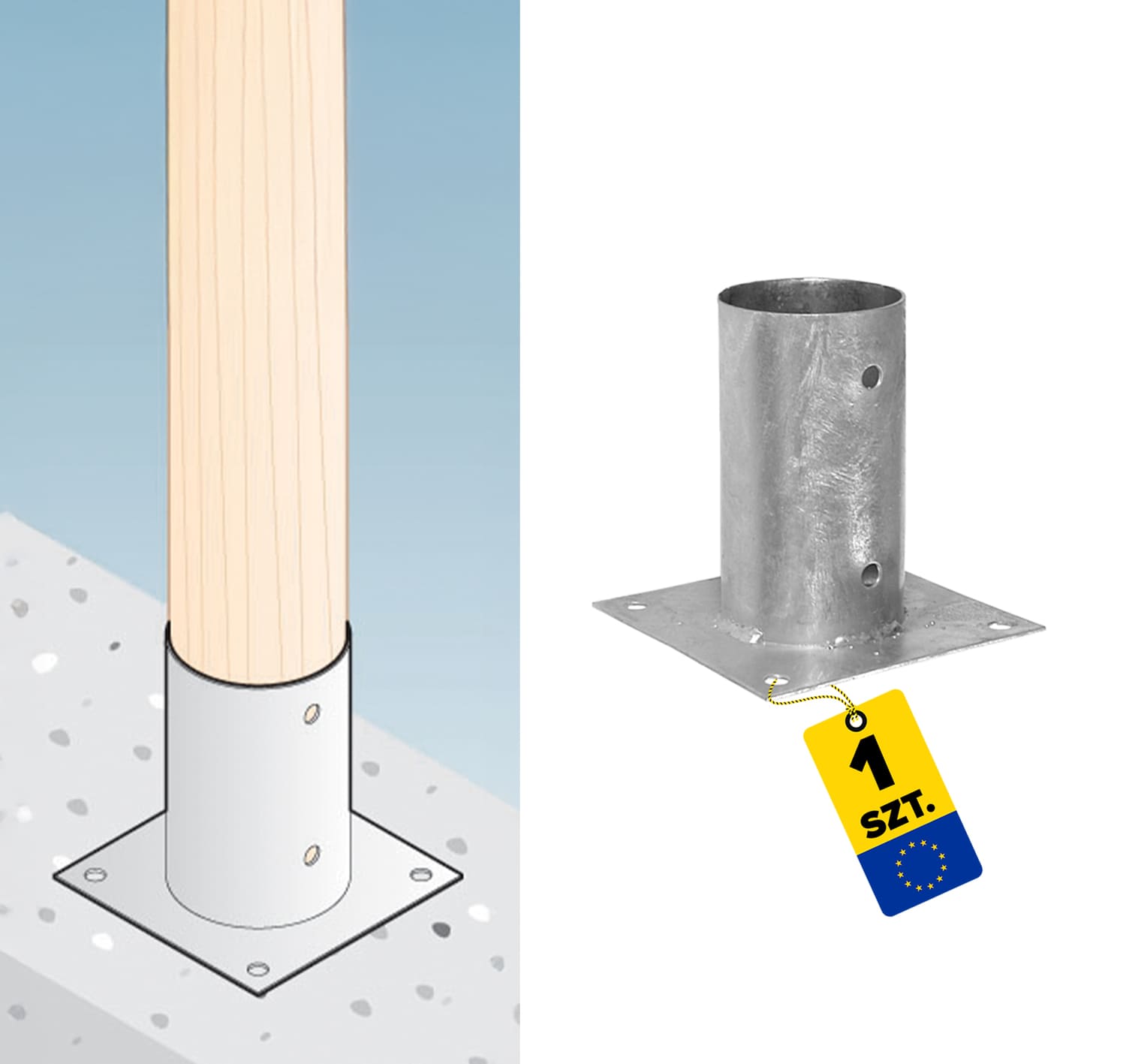 Pfostenträger Stützenfuß rund mit rechteckiger Grundplatte - PSPO | 100 mm | feuerverzinkt Rundanker mit Stangenfuß und rechteckiger Basis PSPO, 100 mm, silber, 101 x 150 x 2,0 mm, Produktfoto.
