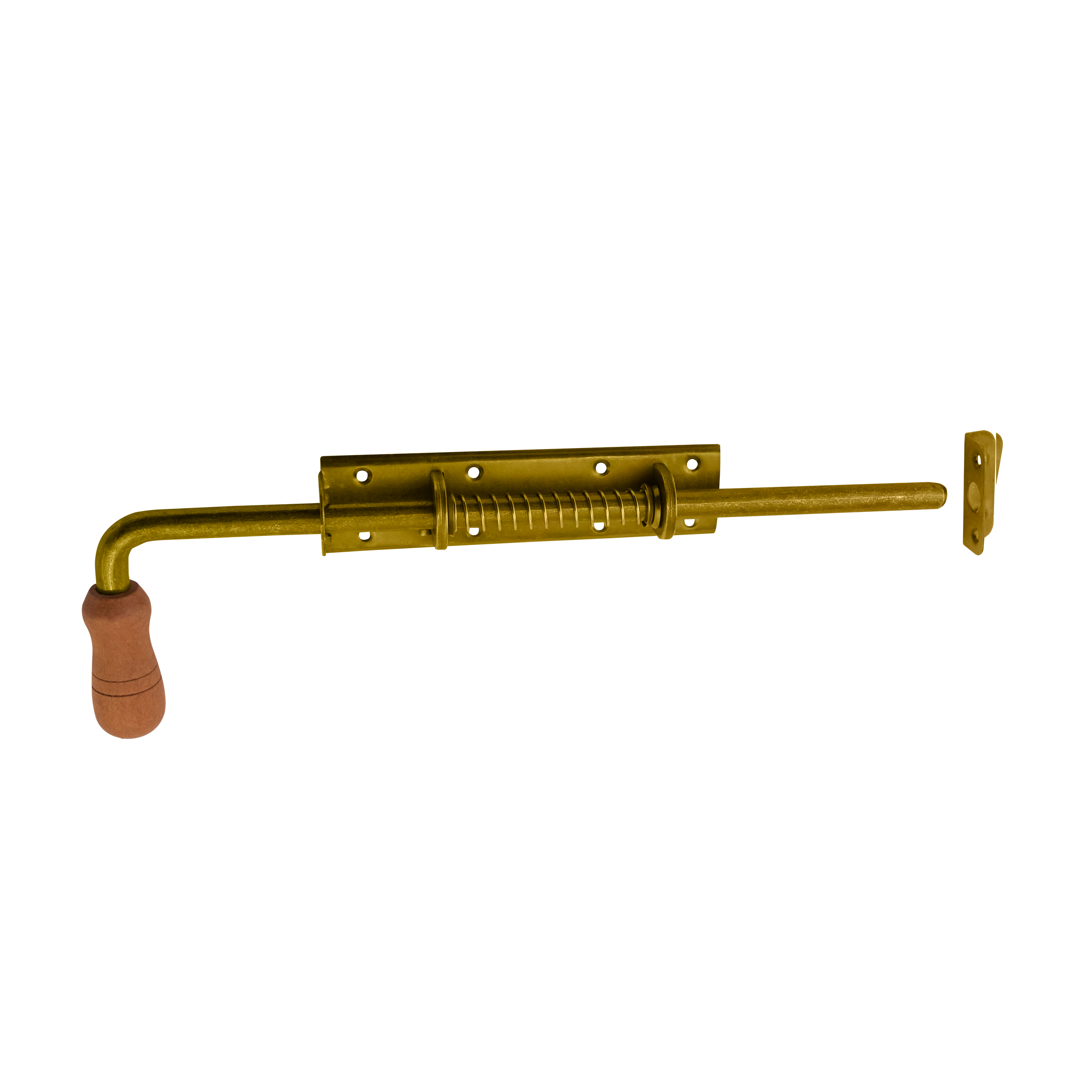 Runder Federriegel mit Holzgriff Bolzenriegel - WSP | verzinkt | 420 mm Federriegel mit Holzgriff rund WSP, gold, 420 mm, 420x190x50 mm, DC01 Baustahl.