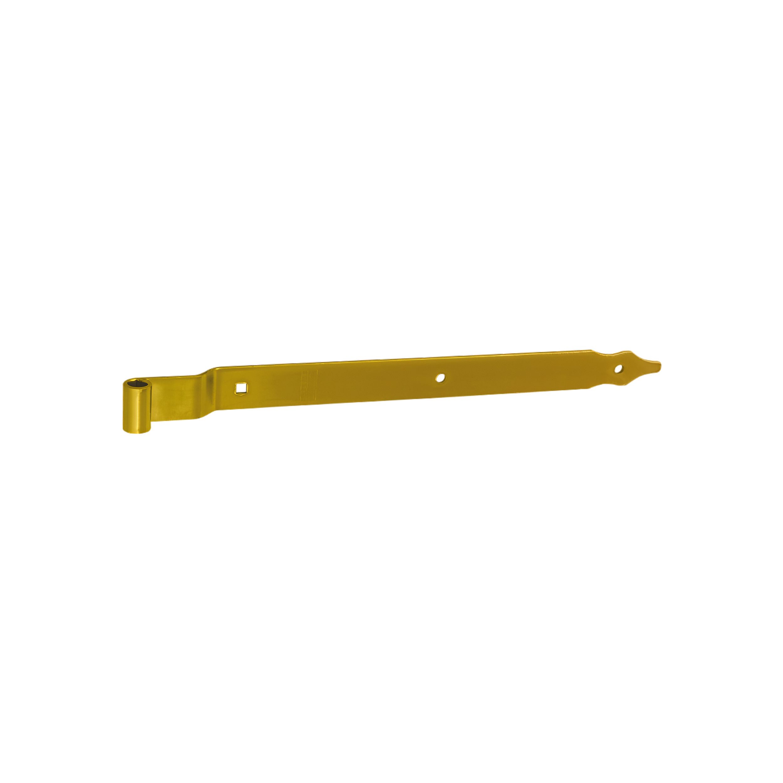 Gekröpftes Ladenband für Tore - ZPK | verzinkt | 400 mm | fi 10 mm Versetztes Bandscharnier für ZPK-Tore, Gold, 400 mm, Durchmesser 10 mm, 400 x 11 x 30 x 3,0 mm, S235-Baustahl.