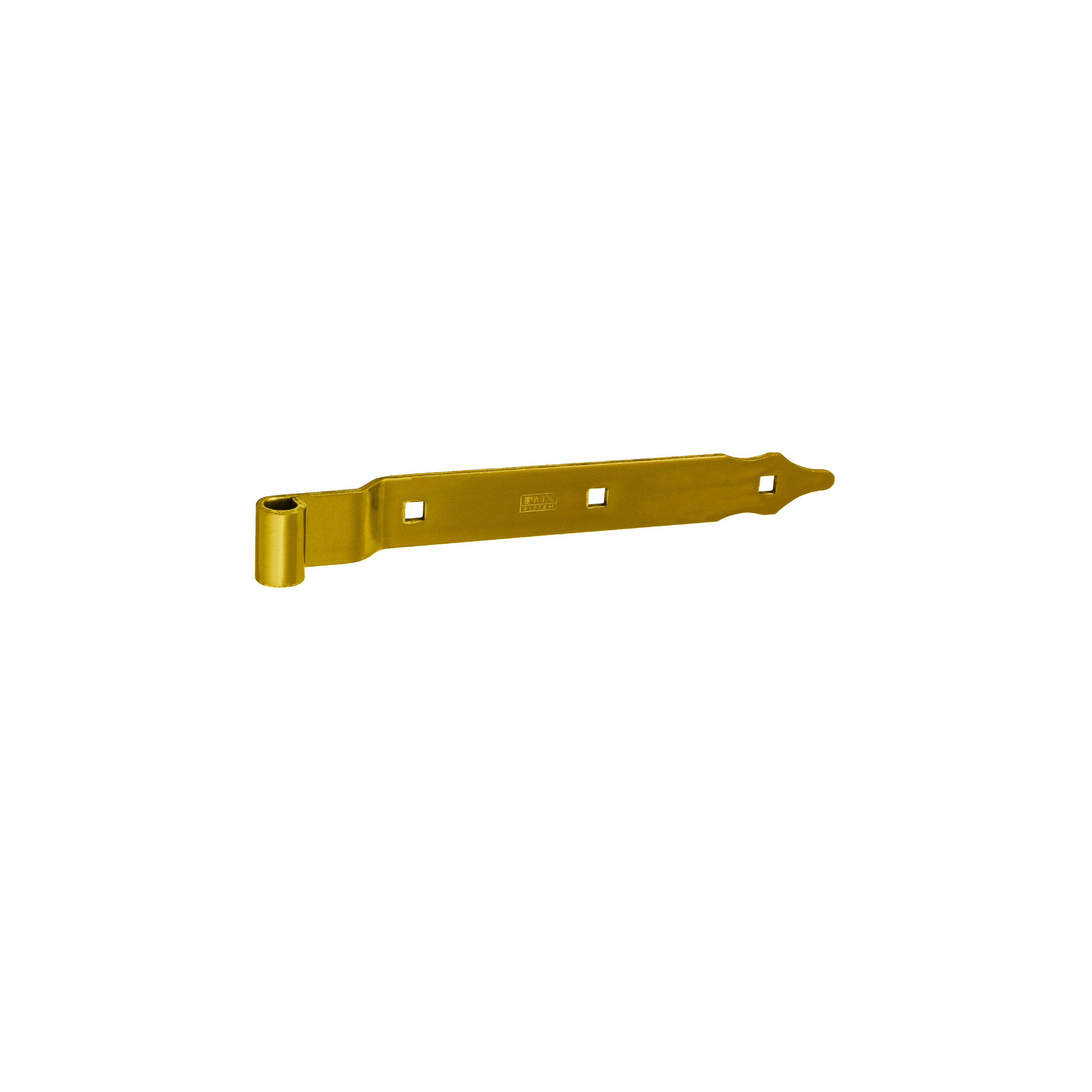 Gekröpftes Ladenband für Tore - ZPK | verzinkt | 300 mm | fi 13 mm Versetztes Bandscharnier für ZPK-Tore, Gold, 300 mm, Durchmesser 13 mm, 300 x 11 x 35 x 4,0 mm, S235-Baustahl.