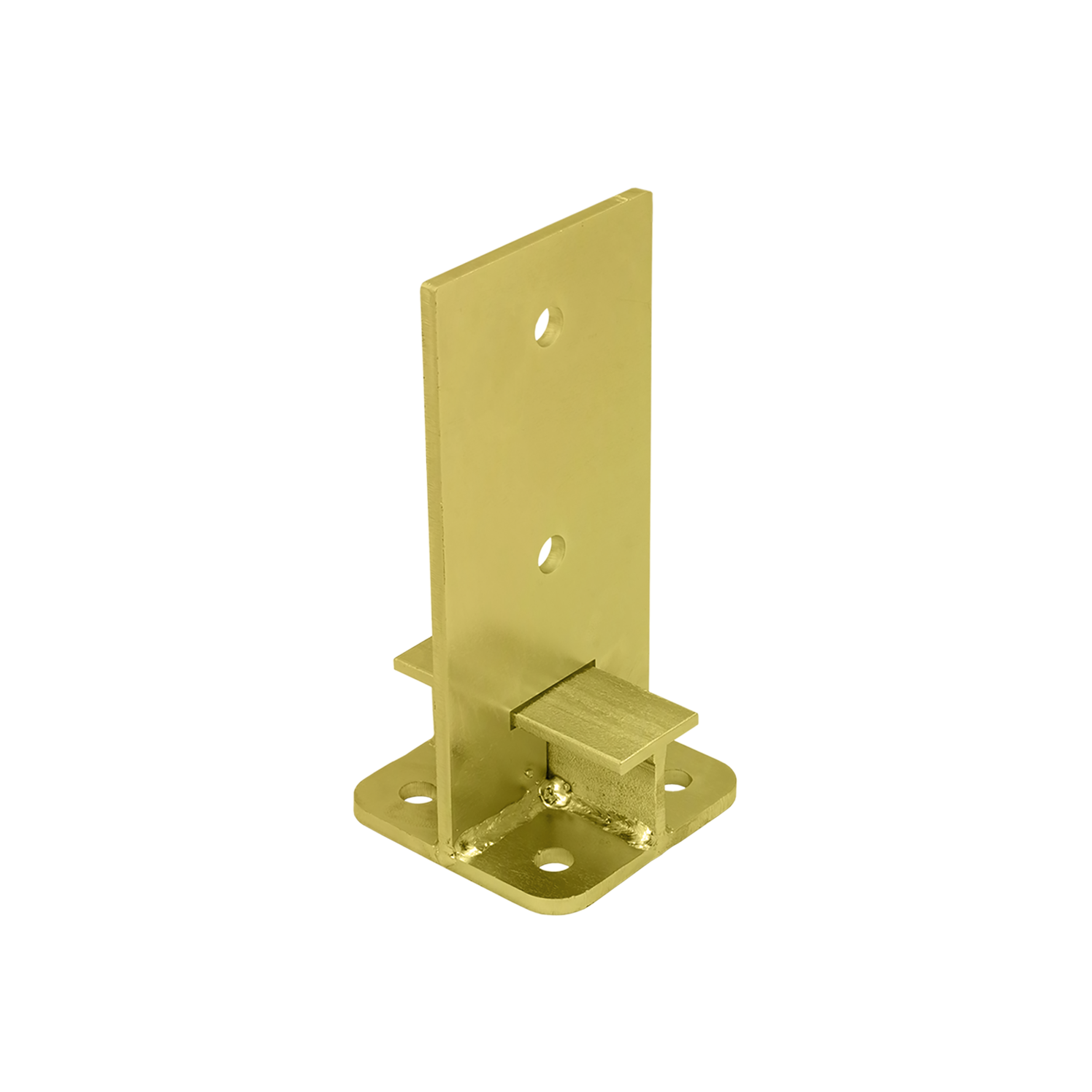 Pfostenträger zum aufdübeln Typ T Stützenfuss schwerlast - PUW | 100 mm | Gold Säulenfußanker zum Verschrauben mit Beton, Typ T, stark, versenkt, PUW, 100 mm, gold, 100x200x6,0 mm.