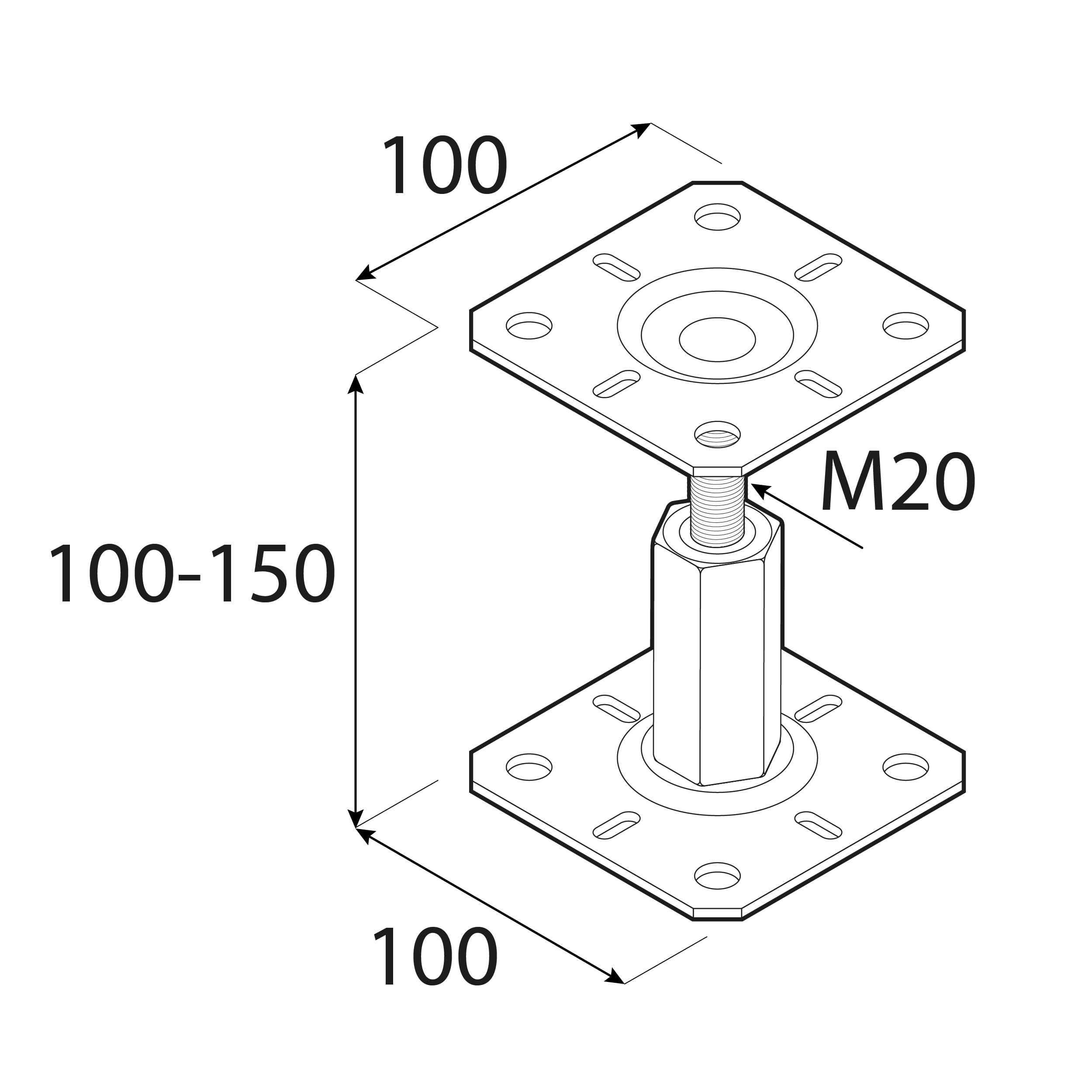 Pfostenträger höhenverstellbar 100 bis 150 mm zum aufdübeln Anker mit Gewinde M20 - PR |100x100 mm | verzinkt Mastfuß flacher Gewindeanker höhenverstellbar PR, 100x100x100-150 mm, silber, 150x3,0 mm 100.