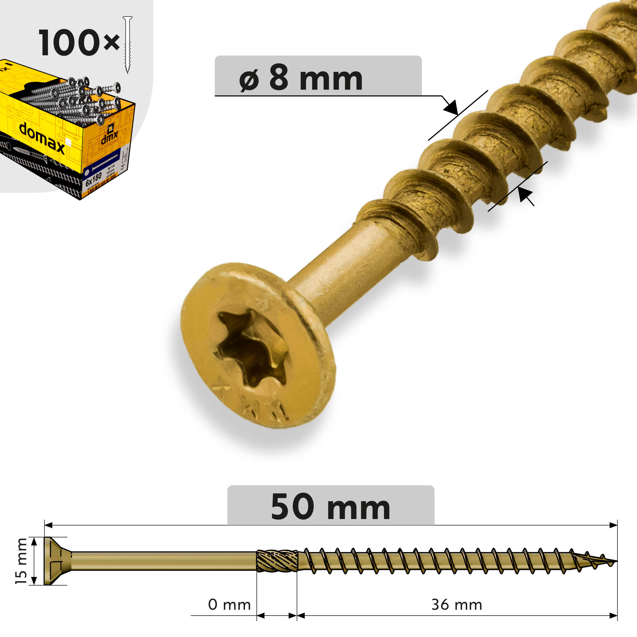 Holzbauschrauben Senkkopf TORX Teilgewinde - CS | 8 x 50 mm | gelb verzinkt | 100 Stk. TORX CS konische Zimmermannsschrauben fĂŒr Holz, 8x50 mm, Gold, 100 Stk., 8x50 mm, Produktfoto.