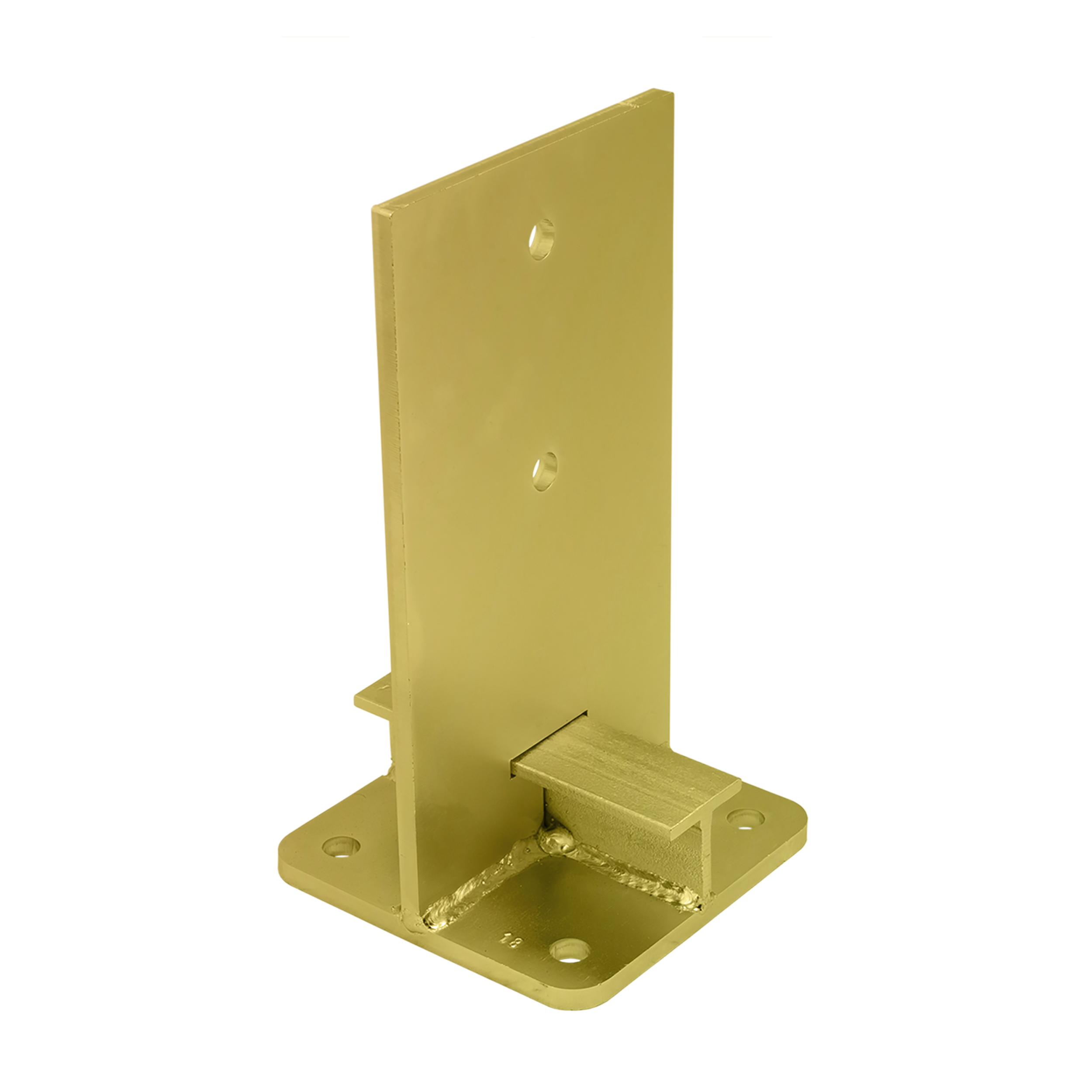 Pfostenträger zum aufdübeln Typ T Stützenfuss schwerlast - PUW | 140 mm | Gold Säulenfußanker zum Verschrauben mit Beton, Typ T, stark, versenkt, PUW, 140 mm, gold, 140x250x8,0 mm.