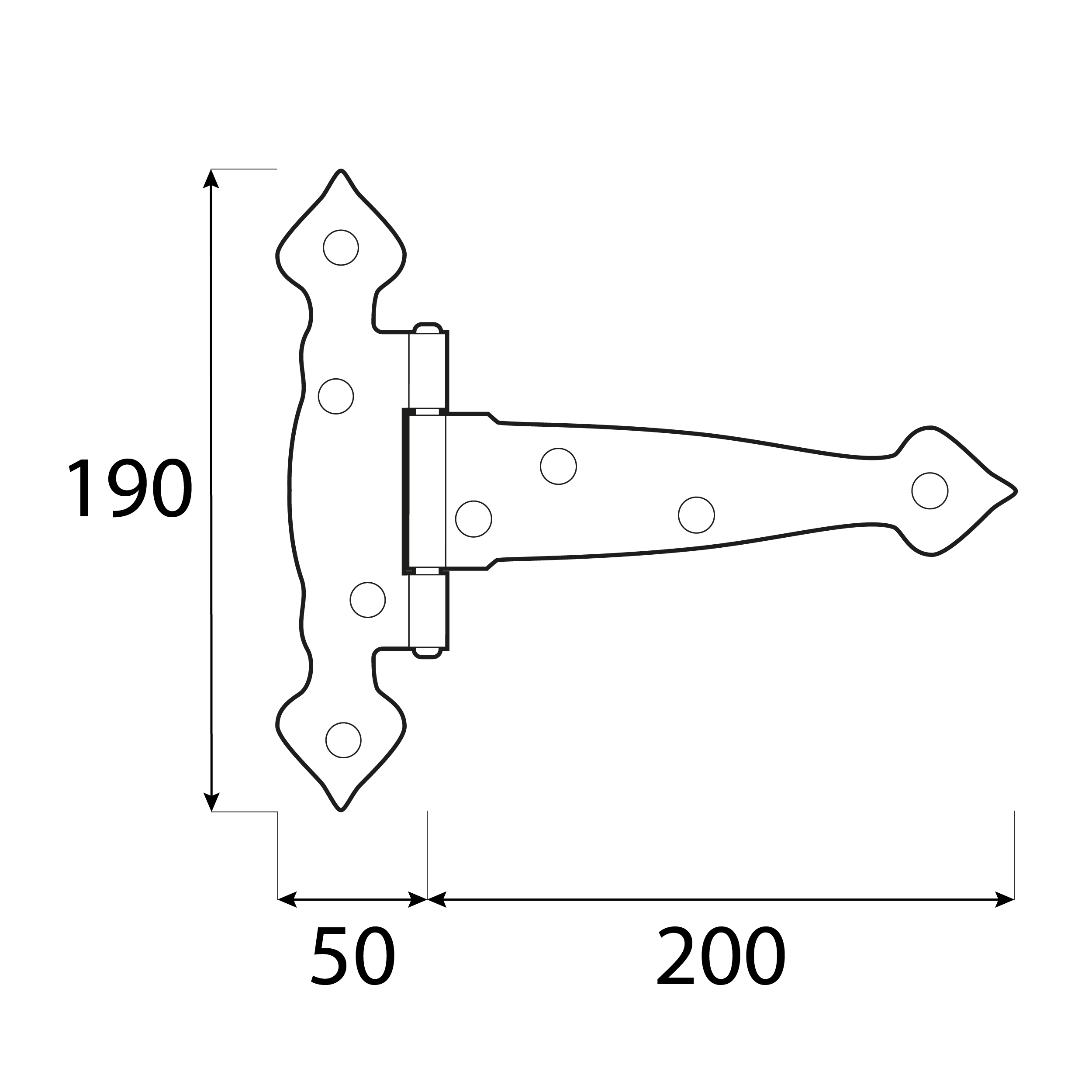 Dekoratives Dreiecksscharnier T-Scharnier - ZTO | schwarz | 200 mm Dekoratives Dreiecksscharnier ZTO 200, 200 mm, 200x50x190x2,5 mm, DC01-Baustahl, schwarz 2.