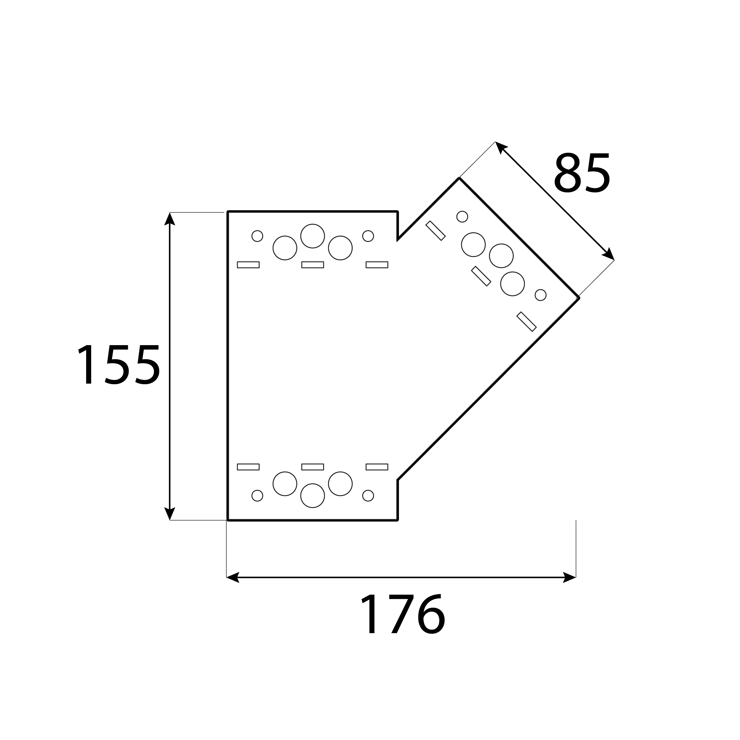 Dreiarmiger dekorativer Flachverbinder 45° rechts für Pergola - SDLPF 1 | 155x176x85 mm | schwarz Dreiarmiger Flachverbinder 45⁰, rechts dekorativ für Pergola SDLPF 1, 155x176x85 mm, schwarz, DX51D-Baustahl.