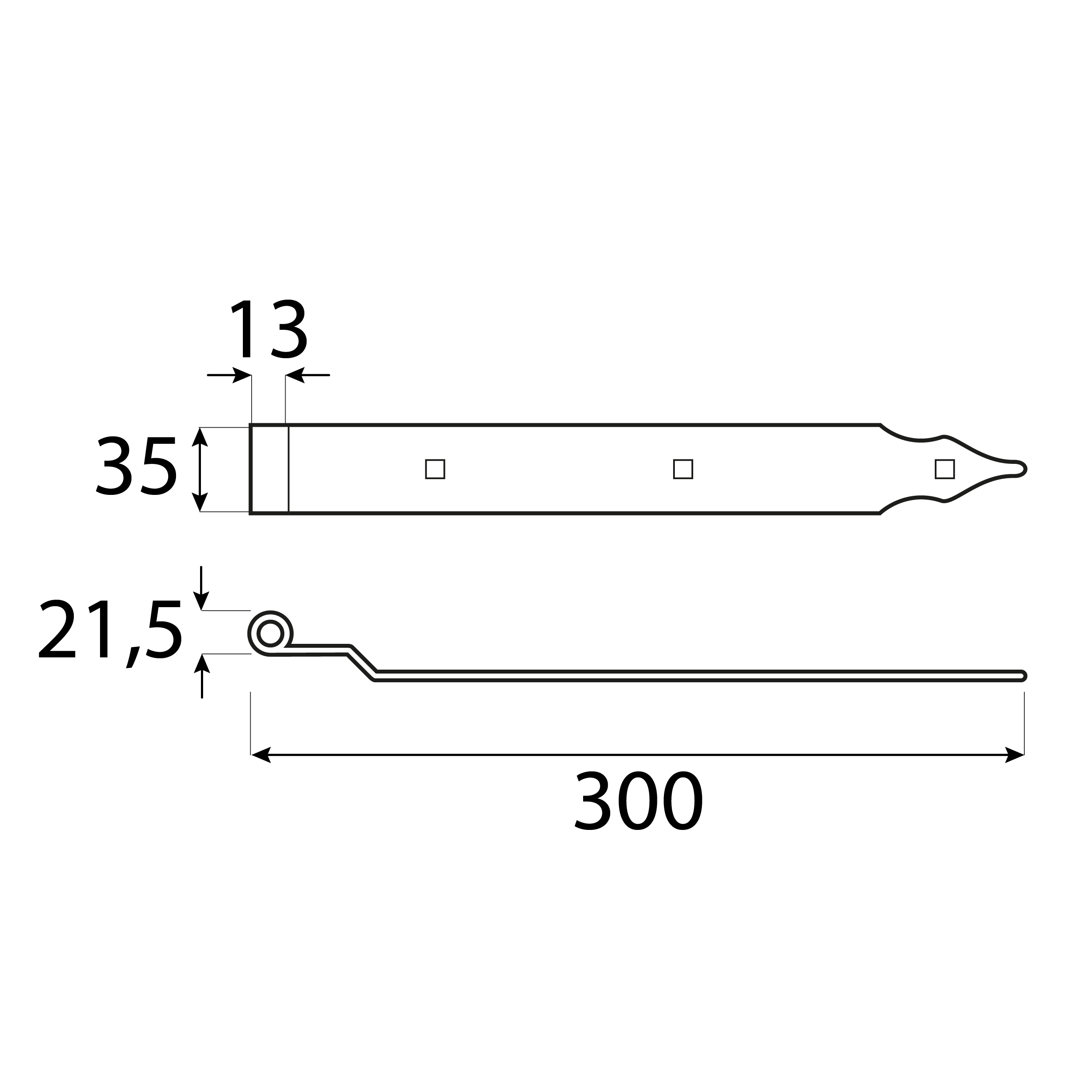 Gekröpftes Ladenband für Tore - ZPK | schwarz | 300 mm | fi 13 mm Versetztes Bandscharnier für ZPK-Tore, schwarz, 300 mm, Durchmesser 13 mm, 300x11x35x4,0 mm, Baustahl S235 13.