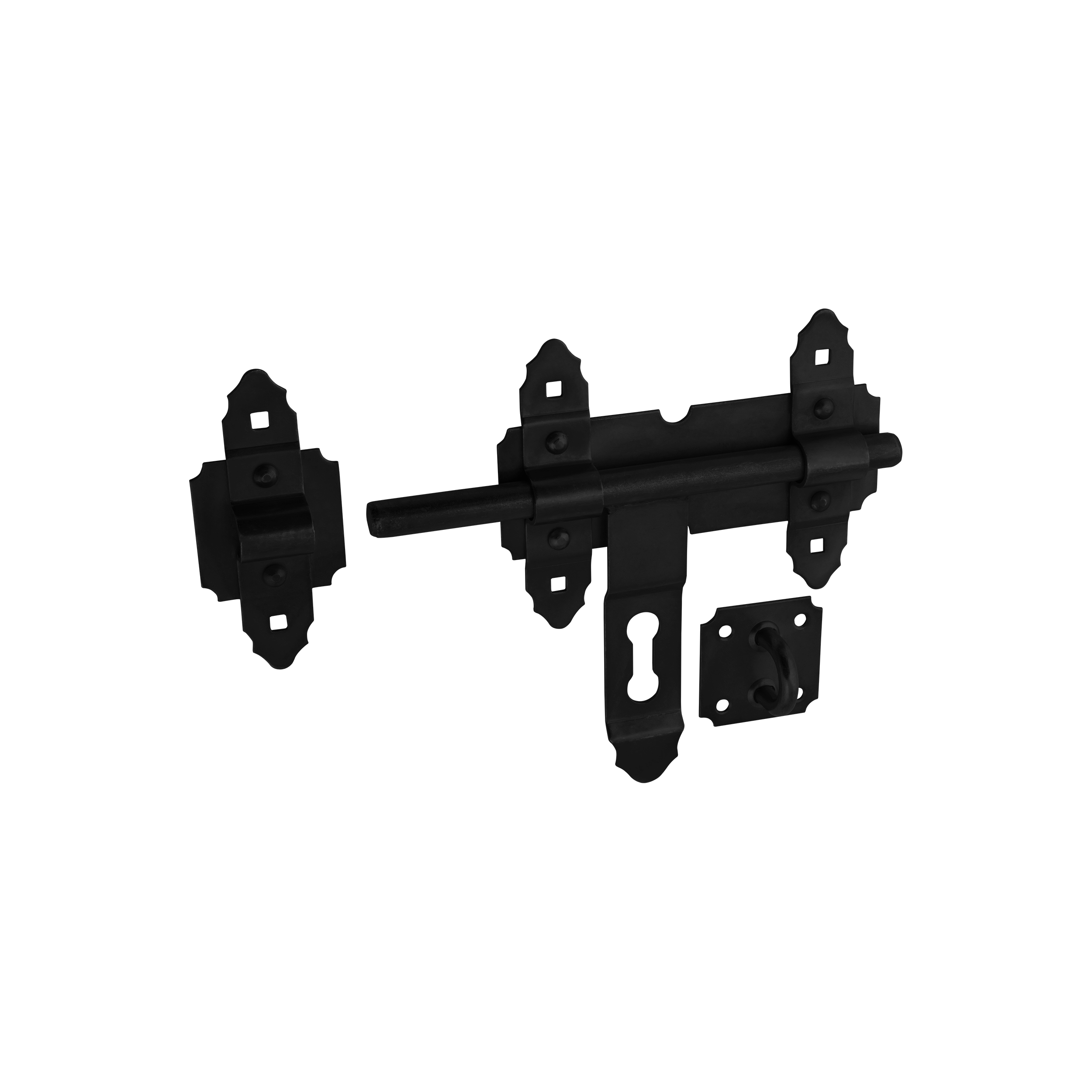 Schwerer dekorativer Torriegel mit flachem Riegel für Tor und Gartentor - WCZ | schwarz | 250 mm Schwerer Zierriegel mit Flachriegel für WCZ-Schlupftor, schwarz, 250 mm, 250x200x2,5 mm, Baustahl S235.