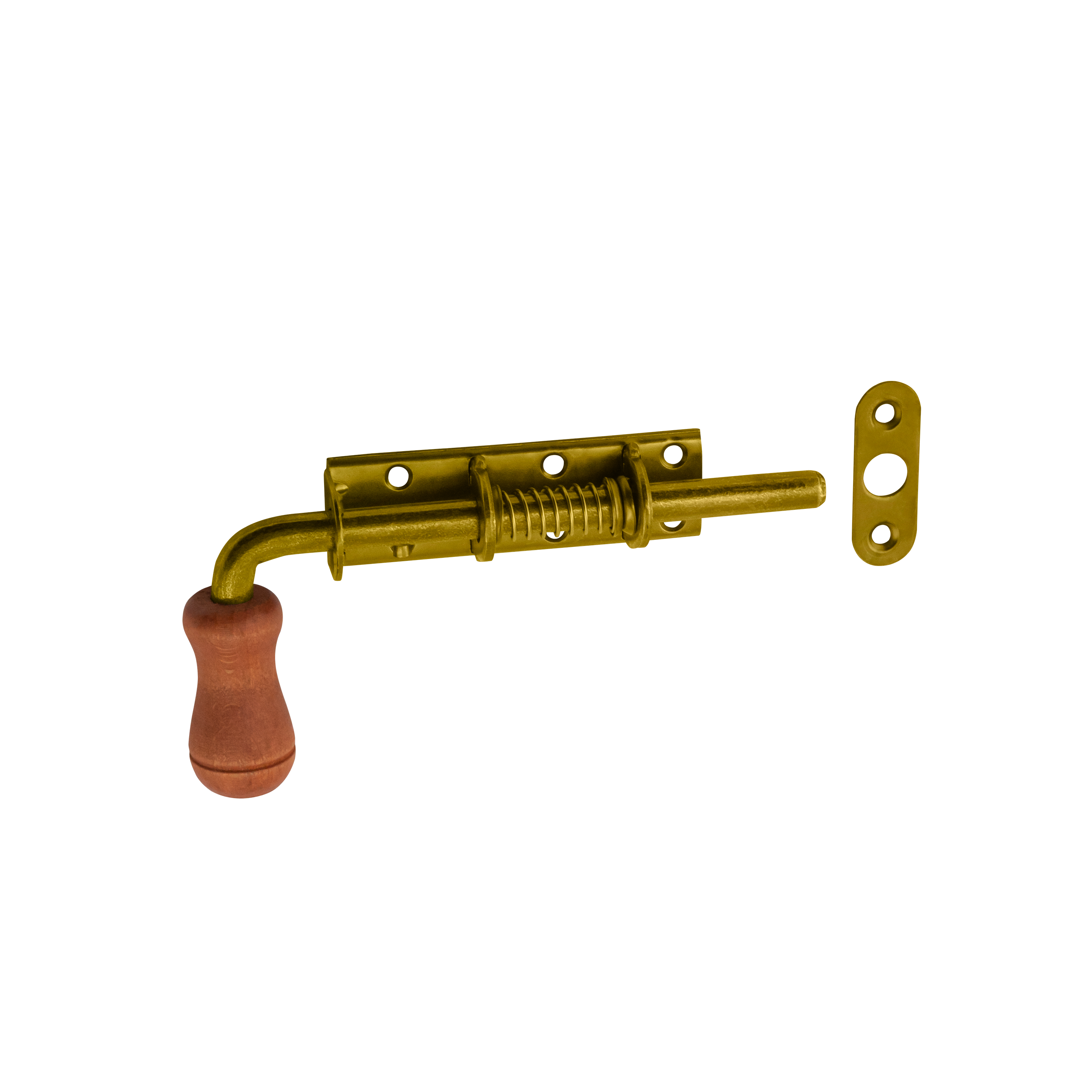 Runder Federriegel mit Holzgriff Bolzenriegel - WSP | verzinkt | 150 mm Federriegel mit Holzgriff rund WSP, gold, 150 mm, 150x50 mm, DC01 Baustahl.