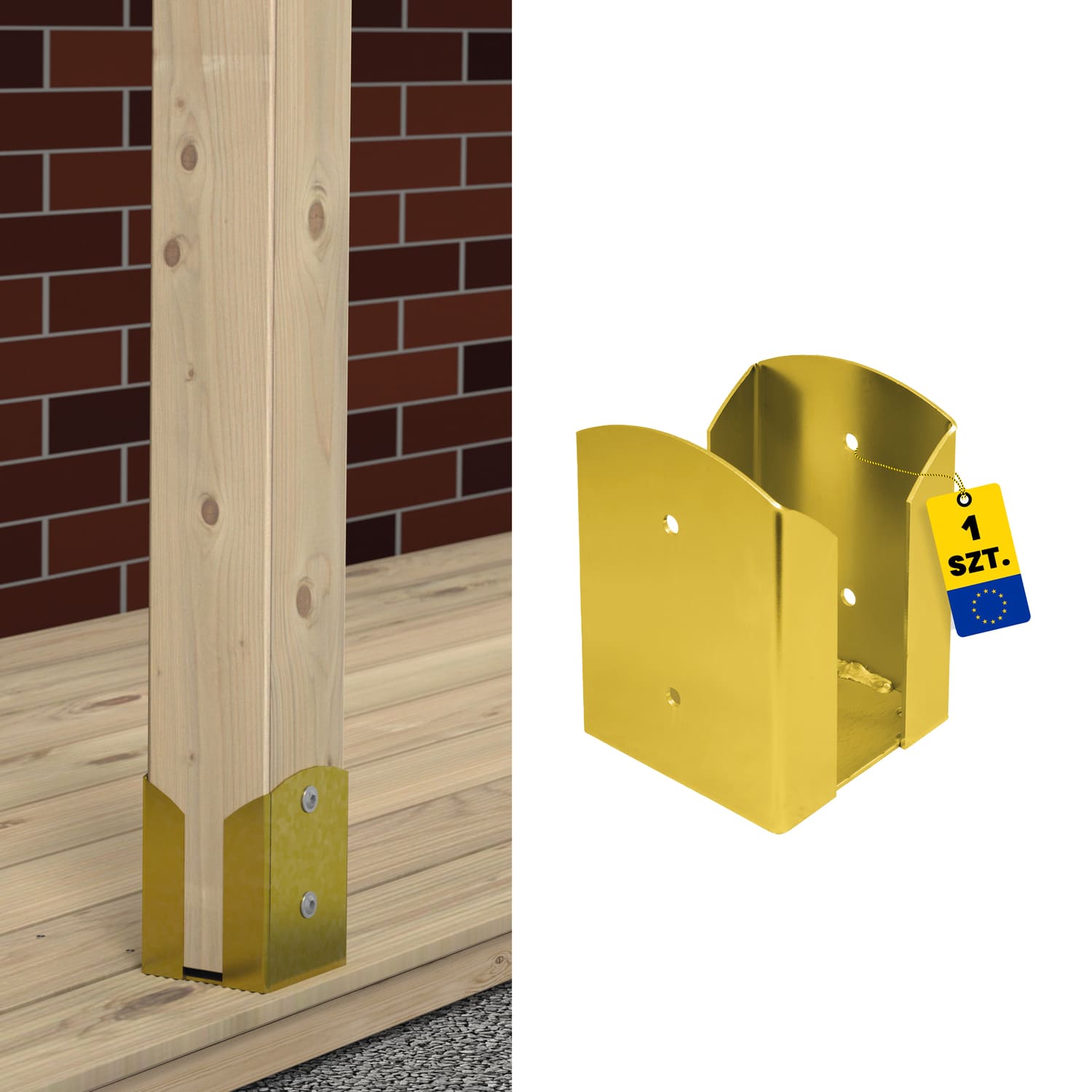 Pfostenträger zum aufdübeln Aufschraubhülse doppelt rechteckig - PSPW | 120 mm | Gold Mastfuß, doppelter rechteckiger Schraubanker PSPW, 120 mm, Gold, 121x150x2,5 mm, Produktfoto.