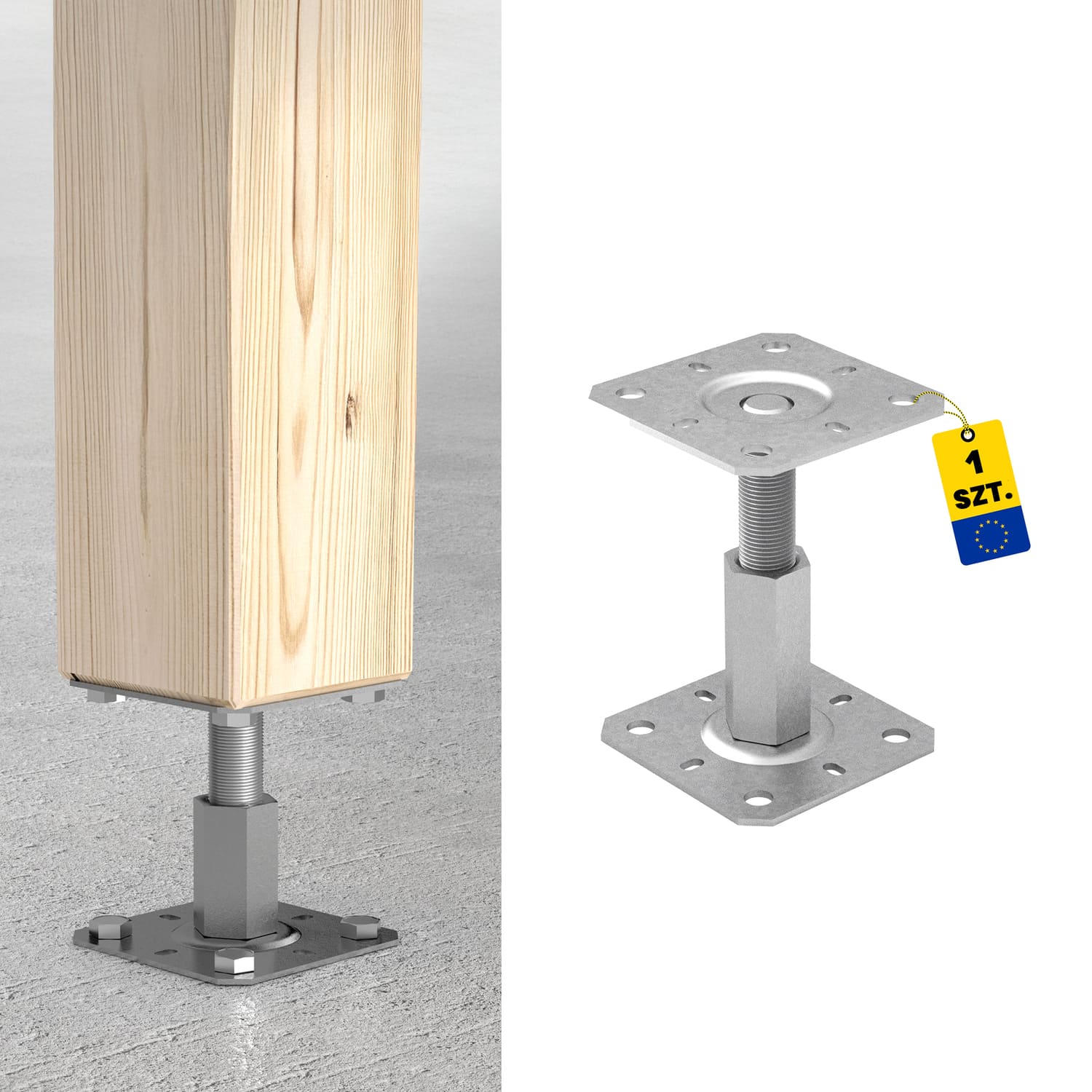 Pfostenträger höhenverstellbar 100 bis 150 mm zum aufdübeln Anker mit Gewinde M20 - PR |130x130 mm | verzinkt Mastfuß Flachgewindeanker höhenverstellbar PR, 130x130x100-150 mm, silber.