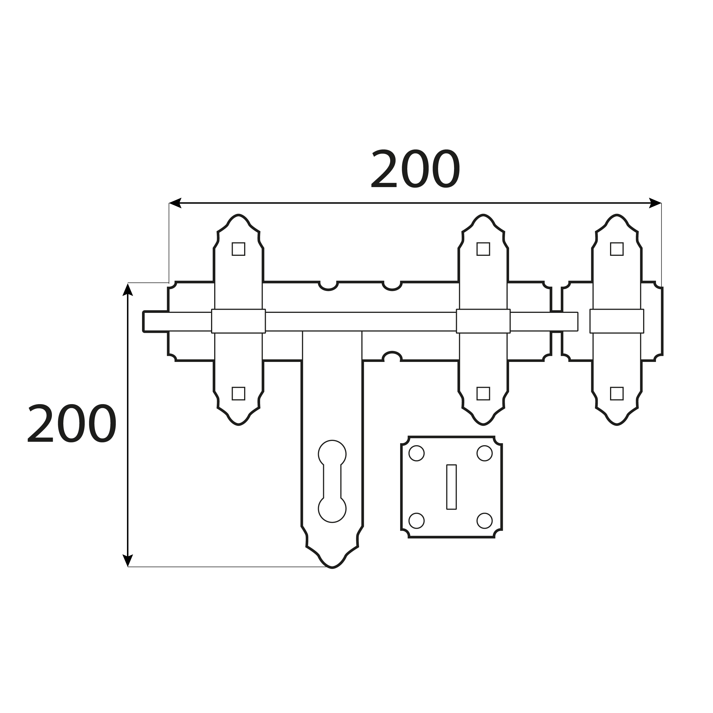 Schwerer dekorativer Torriegel mit flachem Riegel für Tor und Gartentor - WCZ | verzinkt | 200 mm Schwerer Zierriegel mit Flachriegel für Schlupftor WCZ, gold, 200 mm, 200x200x2,5 mm, Baustahl S235 2.