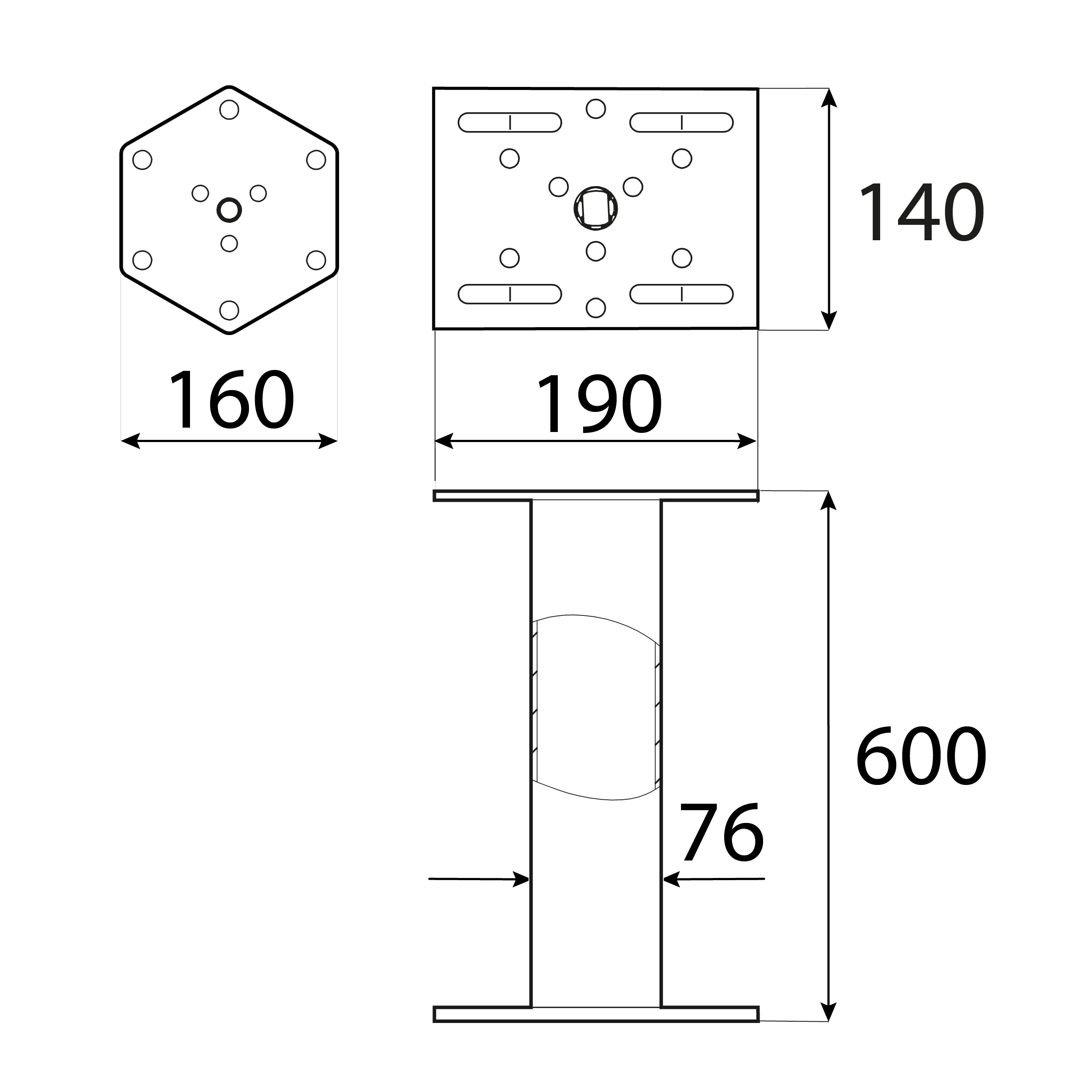Verlängerung für PWM/PWF Bodenhülse sechseckiger Flansch - PWC | 500 mm Basisverlängerung PWM/PWF, sechseckiger PWC-Flansch, 500 mm, S235-Baustahl, silber, Schuss 2.