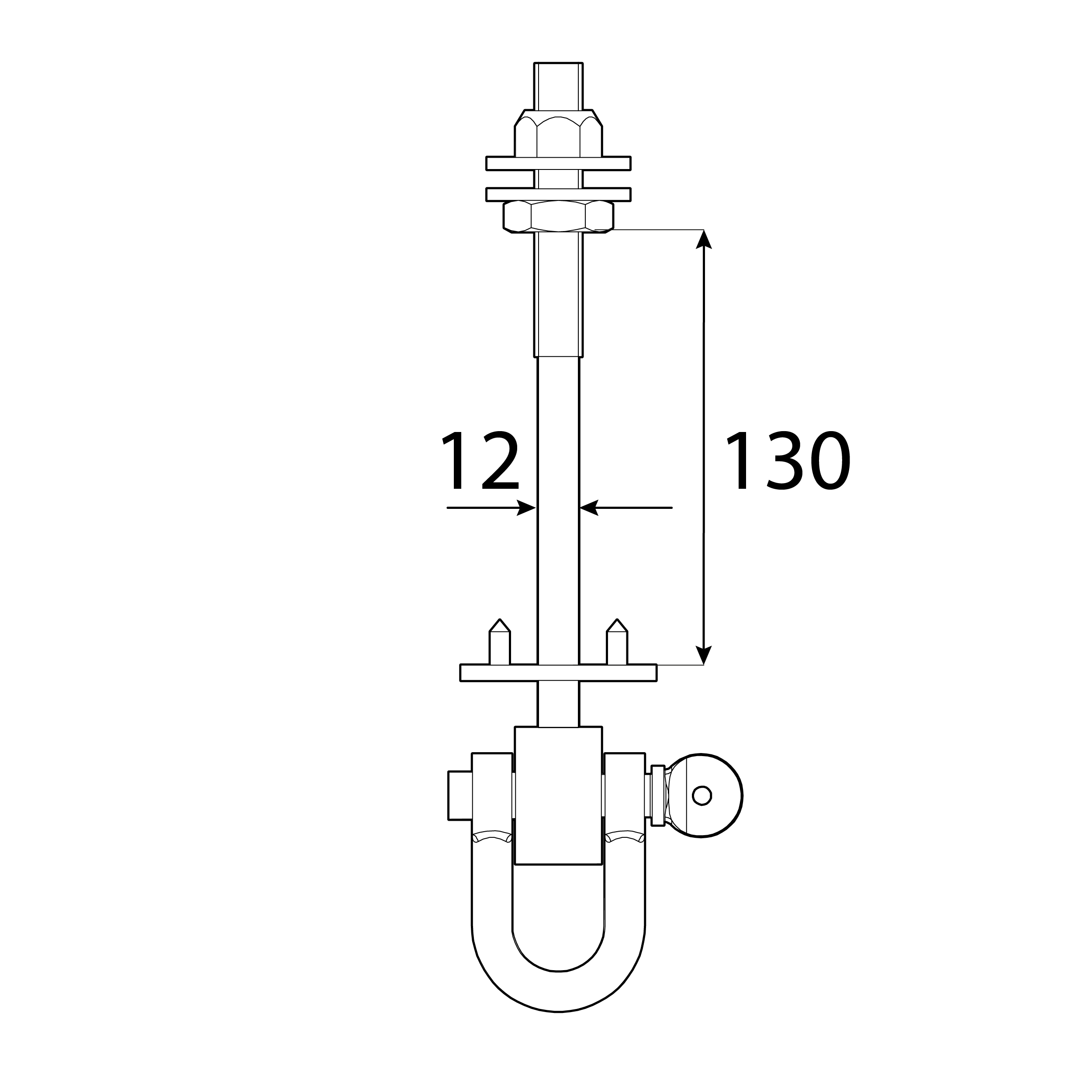 Schaukelhaken mit Lasche + Bolzen Typ D - MHD | 130 mm | M12 Schaukelhaken mit SchÀkel + Stiften, Schlinge Typ D MHD, 130 mm, M12, Silber, Kohlenstoffstahl 2.
