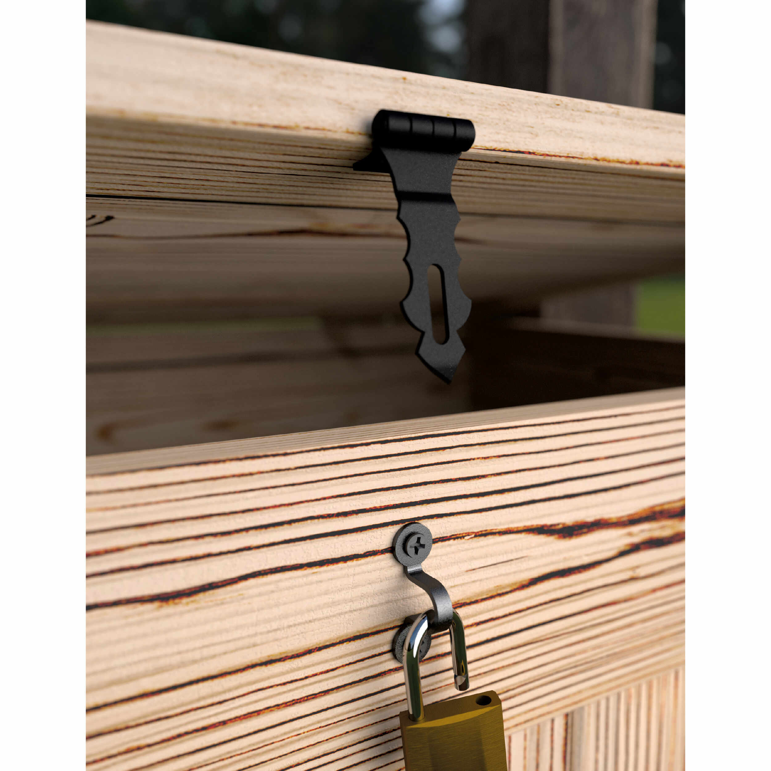 Dekorative Überfalle - ZOZ | schwarz | 75 mm Zierscharnier mit Verschluss ZOZ, schwarz, 75 mm, 75x30x2,0 mm, Baustahl DC01 1.