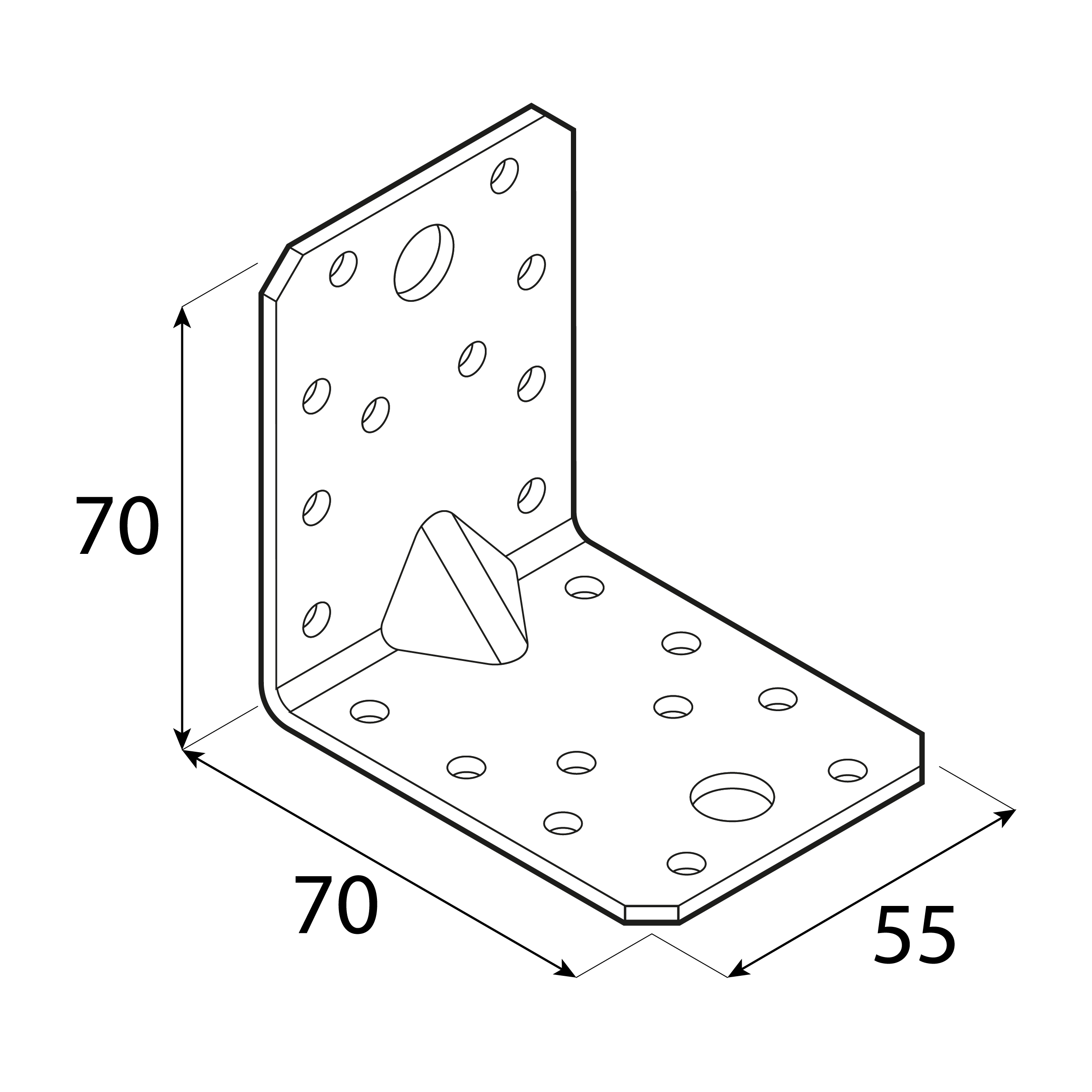 Kątownik ciesielski wzmocniony z przetłoczeniem - KPL 4 | 70x70x55 mm | 2 mm