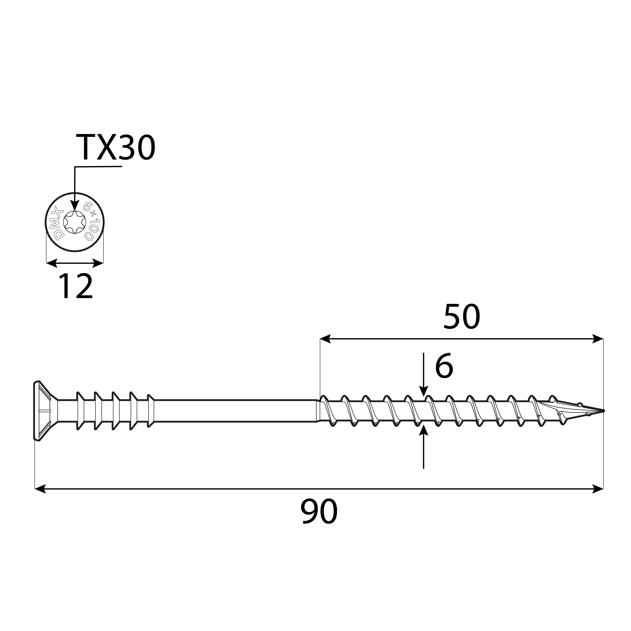 Wkręty dystansowe do poziomowania łat z łbem stożkowym TORX - WDS | 6 x 90 mm | Srebrny | 100 szt