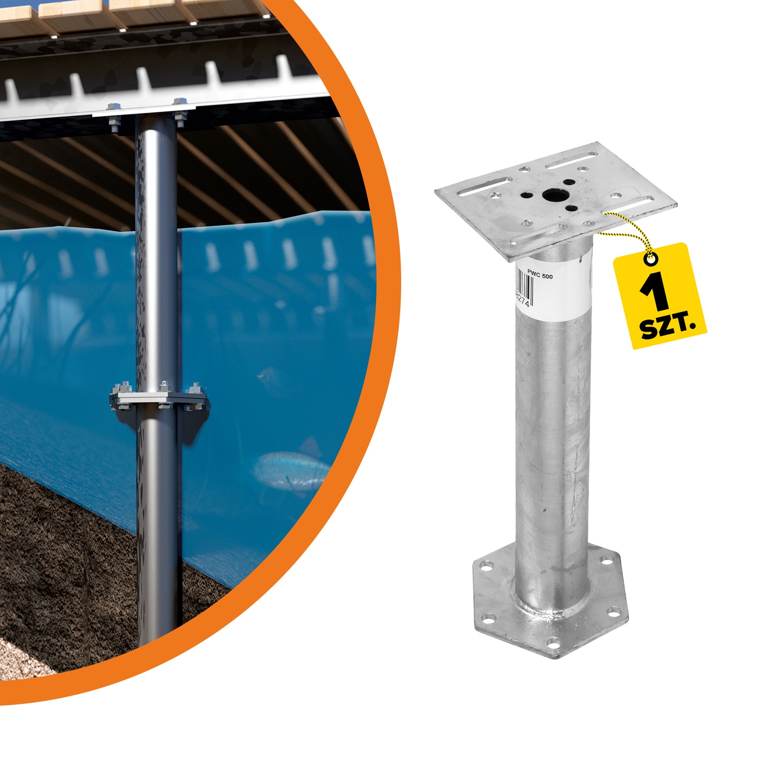 Verlängerung für PWM/PWF Bodenhülse sechseckiger Flansch - PWC | 500 mm Basisverlängerung PWM/PWF, sechseckiger PWC-Flansch, 500 mm, S235-Baustahl, silber, Produktfoto.