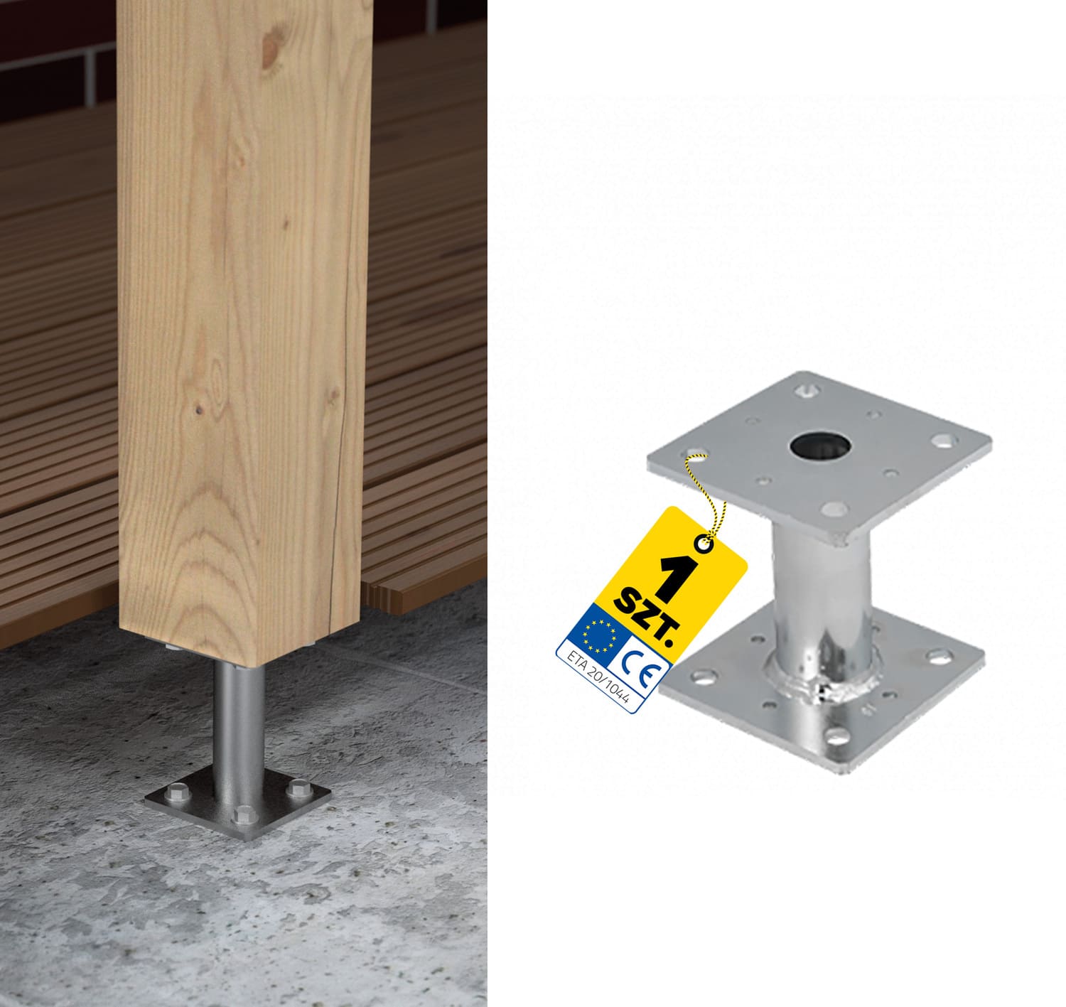 Pfostenträger flach Konsole mit Rohr - PMF | 80x80 mm | 200 mm | feuerverzinkt Mastfußanker-Flachhalterung mit PMF-Rohr, 80x80 mm, 200 mm, silber.