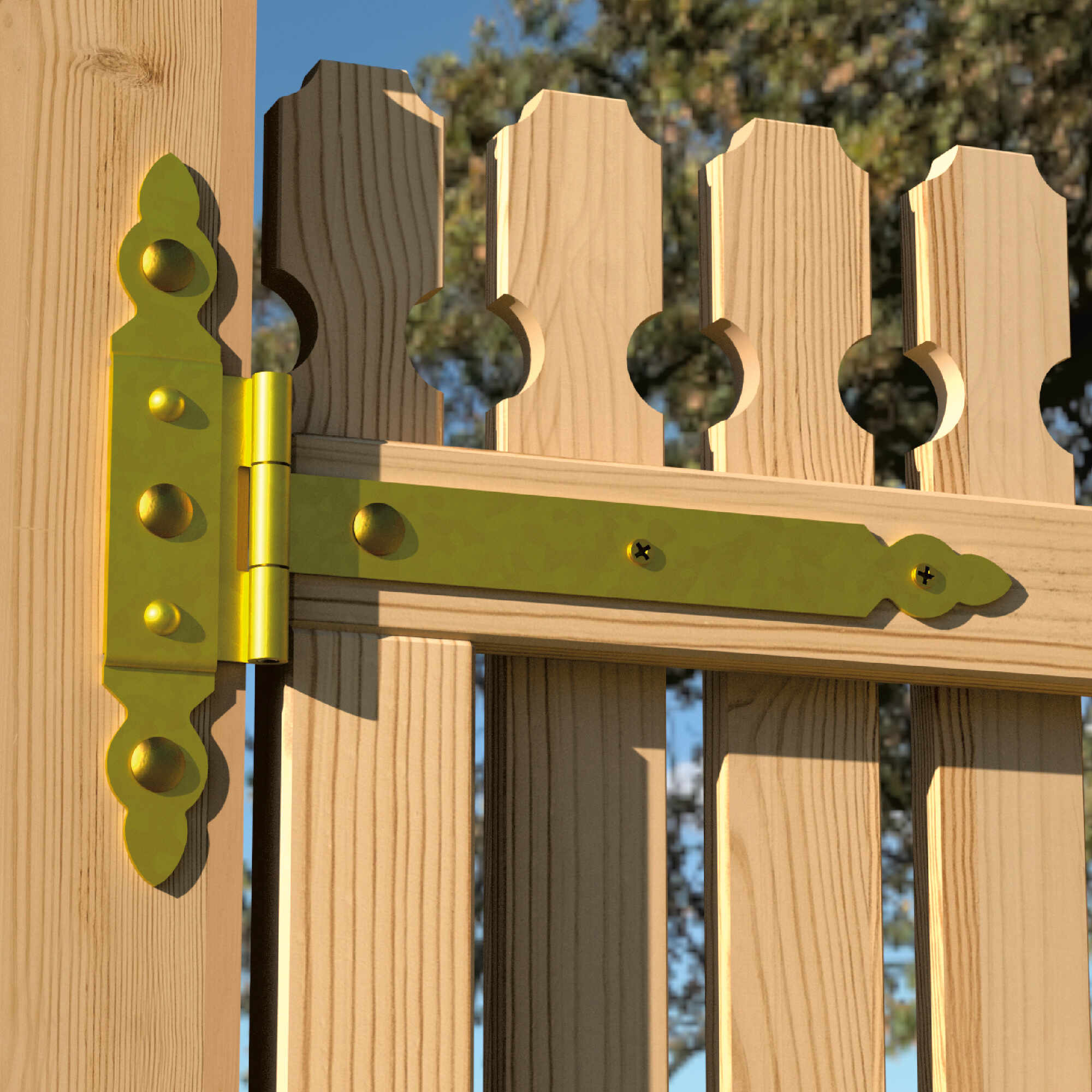 Dekoratives Torband mit Auflage Scharnier - ZBNO | verzinkt | 250 mm Dekoratives Torscharnier mit Abdeckung ZBNO 250, 250 mm, Gold, 215 mm, 250x60x215x2,5 mm 1.