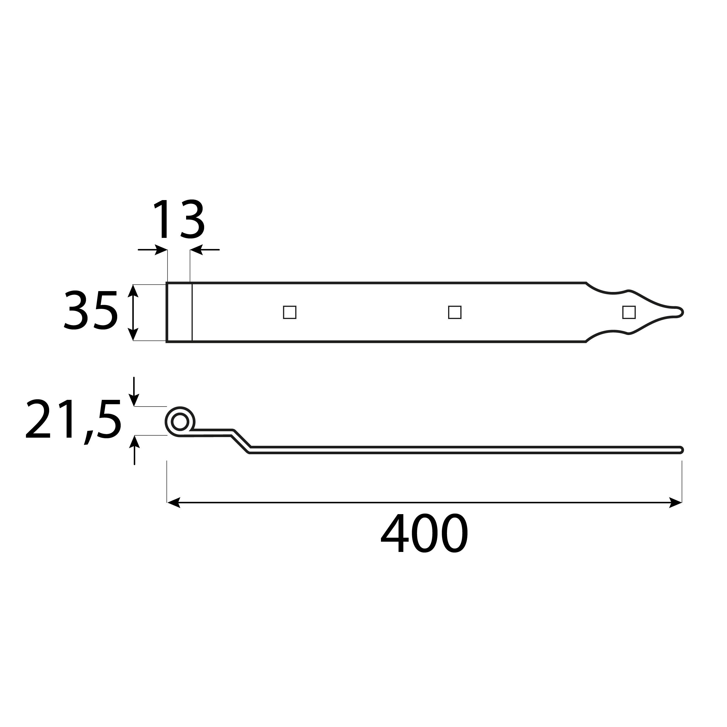 Gekröpftes Ladenband für Tore - ZPK | verzinkt | 400 mm | fi 13 mm Versetztes Bandscharnier für ZPK-Tore, Gold, 400 mm, Durchmesser 13 mm, 400 x 11 x 35 x 4,0 mm, Baustahl S235 13.