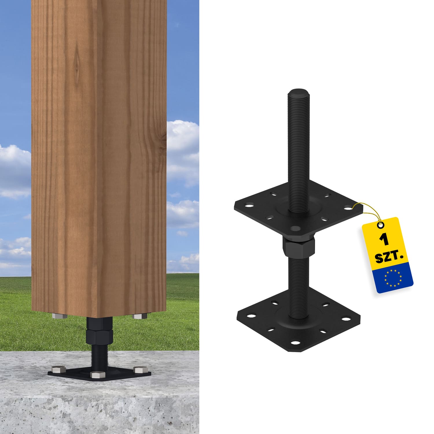 Pfostenträger verstellbar zum aufdübeln Anker mit Gewinde M20 - PSR |130x250 mm | Schwarz Flacher Gewindeanker für Mastfuß, höhenverstellbar PSR, 130 x 250 mm, M20, schwarz, Produktfoto.