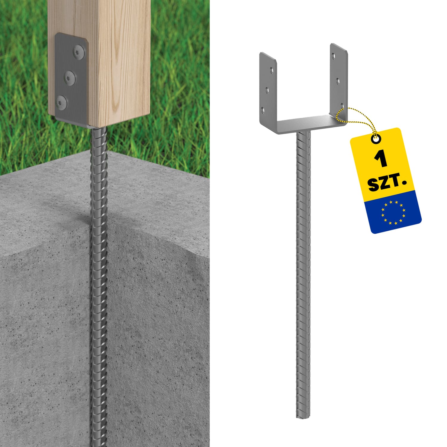 U Pfostenträger zum Einbetonieren 500 mm Stab Pfostenanker Stützen Betonanker - PS 500 | 160 mm | 624 mm | feuerverzinkt Säulenfuß-U-Anker mit langer Stange PS 500, 160 mm, 624 mm.