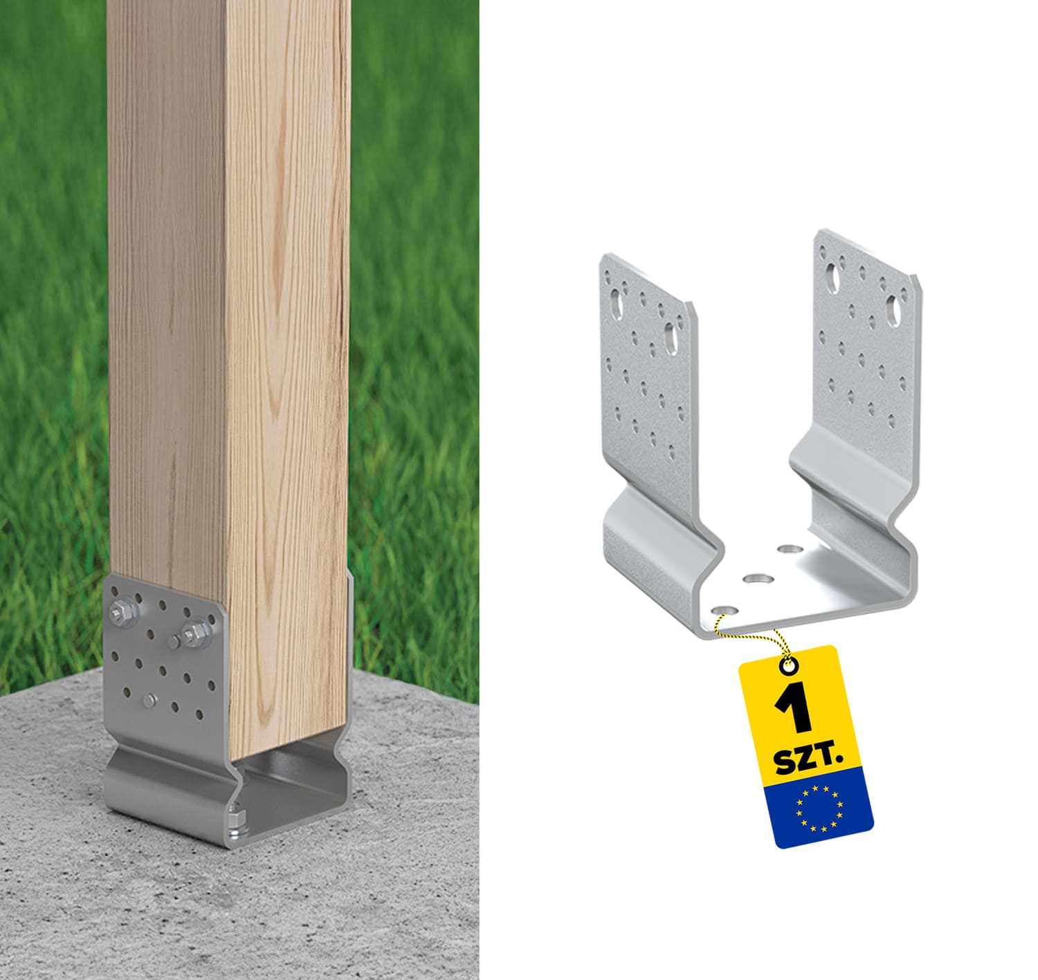 Pfostenträger zum aufdübeln U-Form Pfostenanker Mehrpunkt - PSSOZ | 100 mm | feuerverzinkt Säulenfuß-U-Anker mit Versatz, Mehrpunkt-PSSOZ, 100 mm, silber.