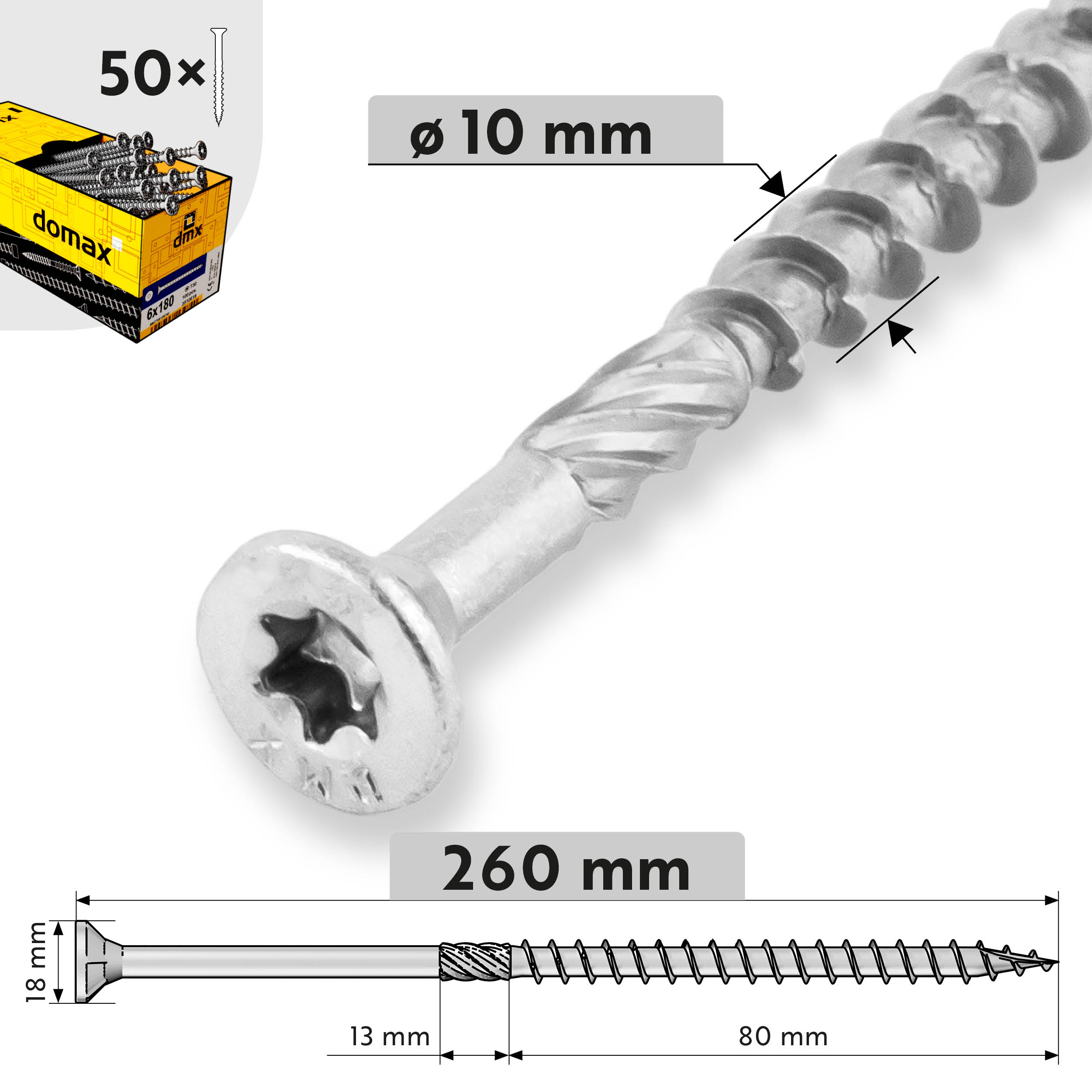 Holzbauschrauben Senkkopf TORX Teilgewinde - CS | 10 x 260 mm | verzinkt | 50 Stk. TORX CS konische Zimmermannsschrauben fĂŒr Holz, 10x260 mm, Silber, 50 Stk., 10x260 mm, Produktfoto.