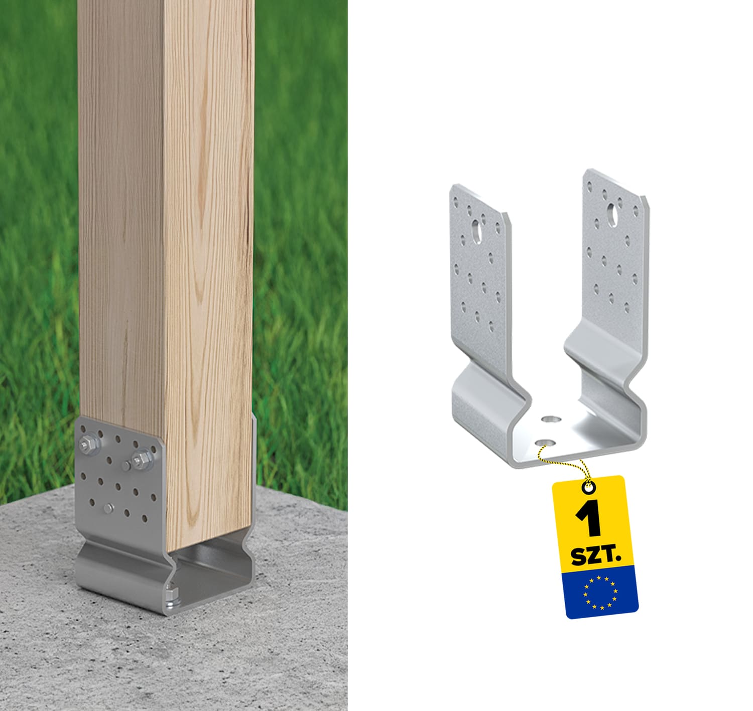 Pfostenträger zum aufdübeln U-Form Pfostenanker Mehrpunkt - PSSOZ | 80 mm | feuerverzinkt Säulenfuß-U-Anker mit Versatz, Mehrpunkt-PSSOZ, 80 mm, silber, Produktfoto.